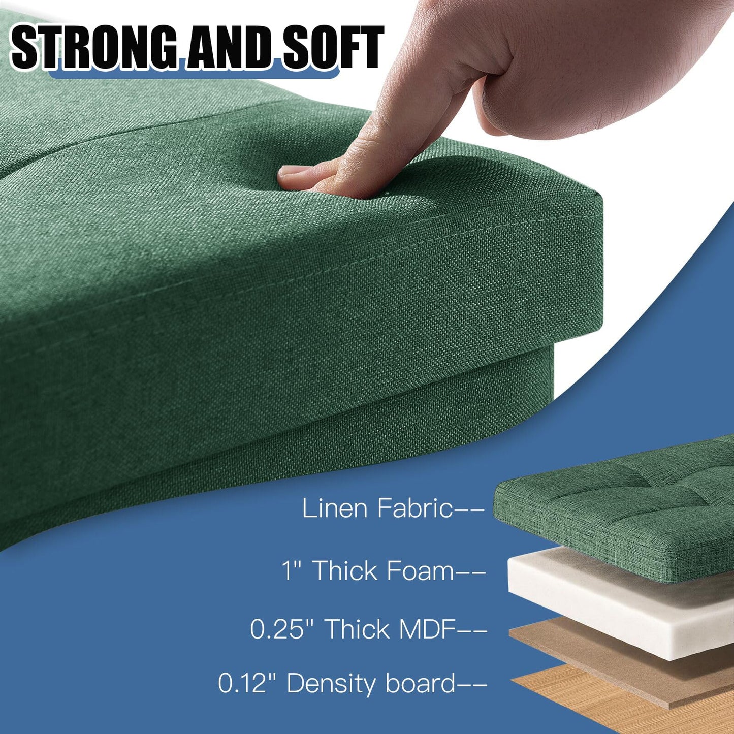 BRIAN & DANY Folding Storage Ottoman with Wood Legs, Linen Foot Stool, Storage Chest with Highly Elastic Sponge Filling, Dark Green, 38 x 38 x 38 cm