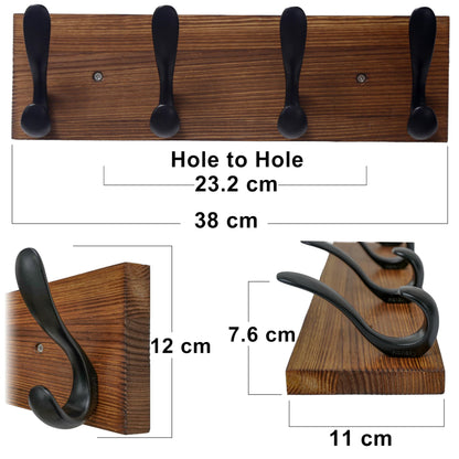 HONSKY Wooden Coat Rack Wall Mounted with 4 Double Hooks, Wall Mounted Clothes Rack Organizer for Jackets/Hats/Scarves