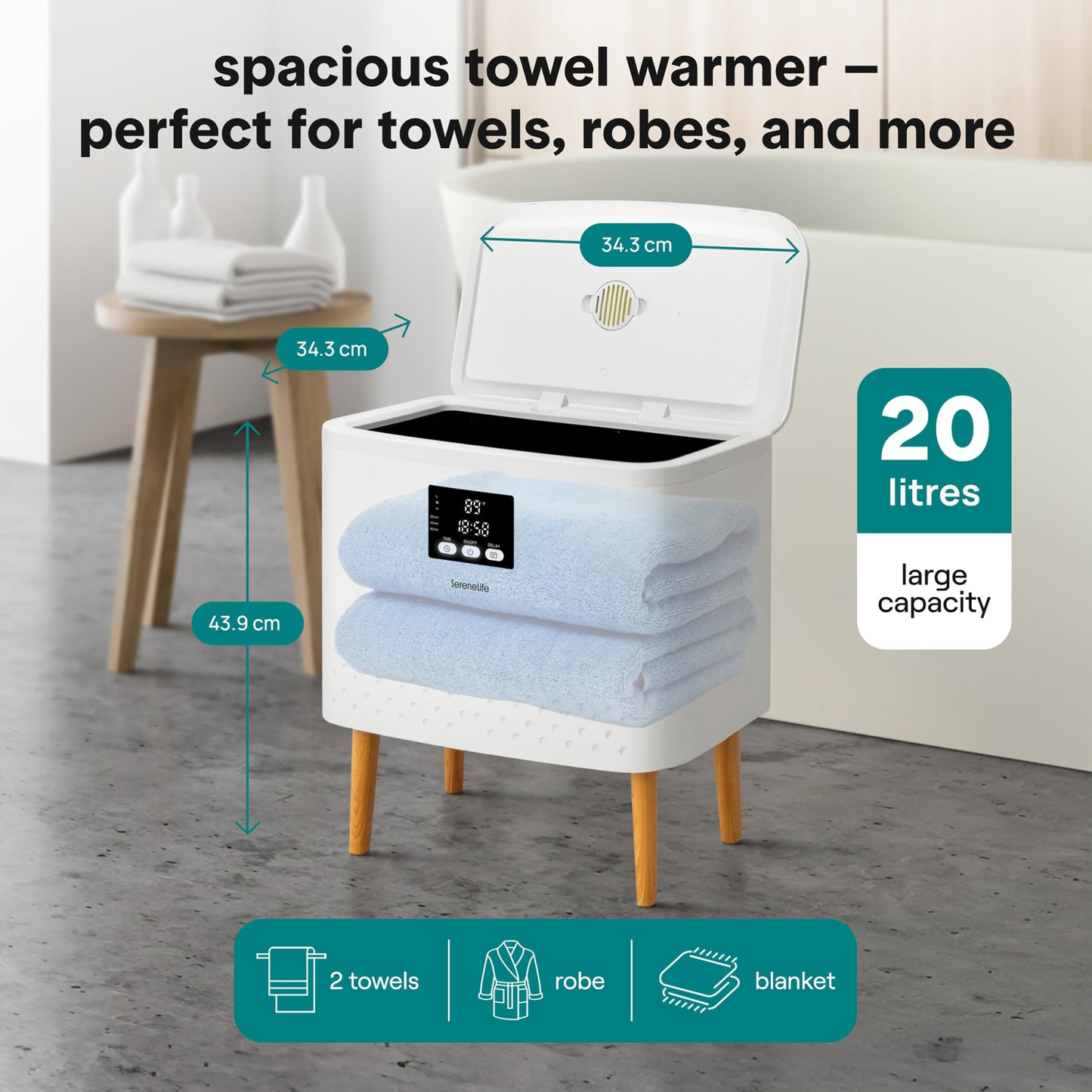 SereneLife Towel Warmer Bucket 20L – Rectangular Hot Towel Heater for Bathroom, Large Capacity Blanket Warmer with Adjustable Temperature