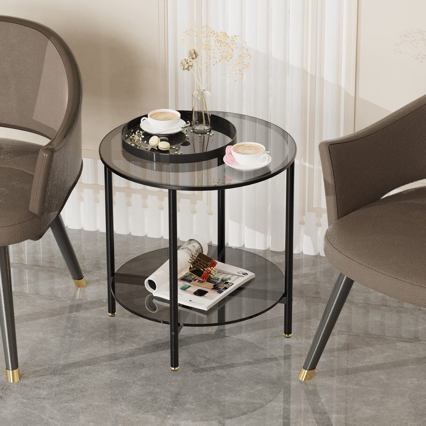 Artloge Glass Round Side Table Small: 2 Tiers End Tables Circle Diameter 50cm Slim Bedside Tables Grey Tinted Tempered Glass Top with Black Metal