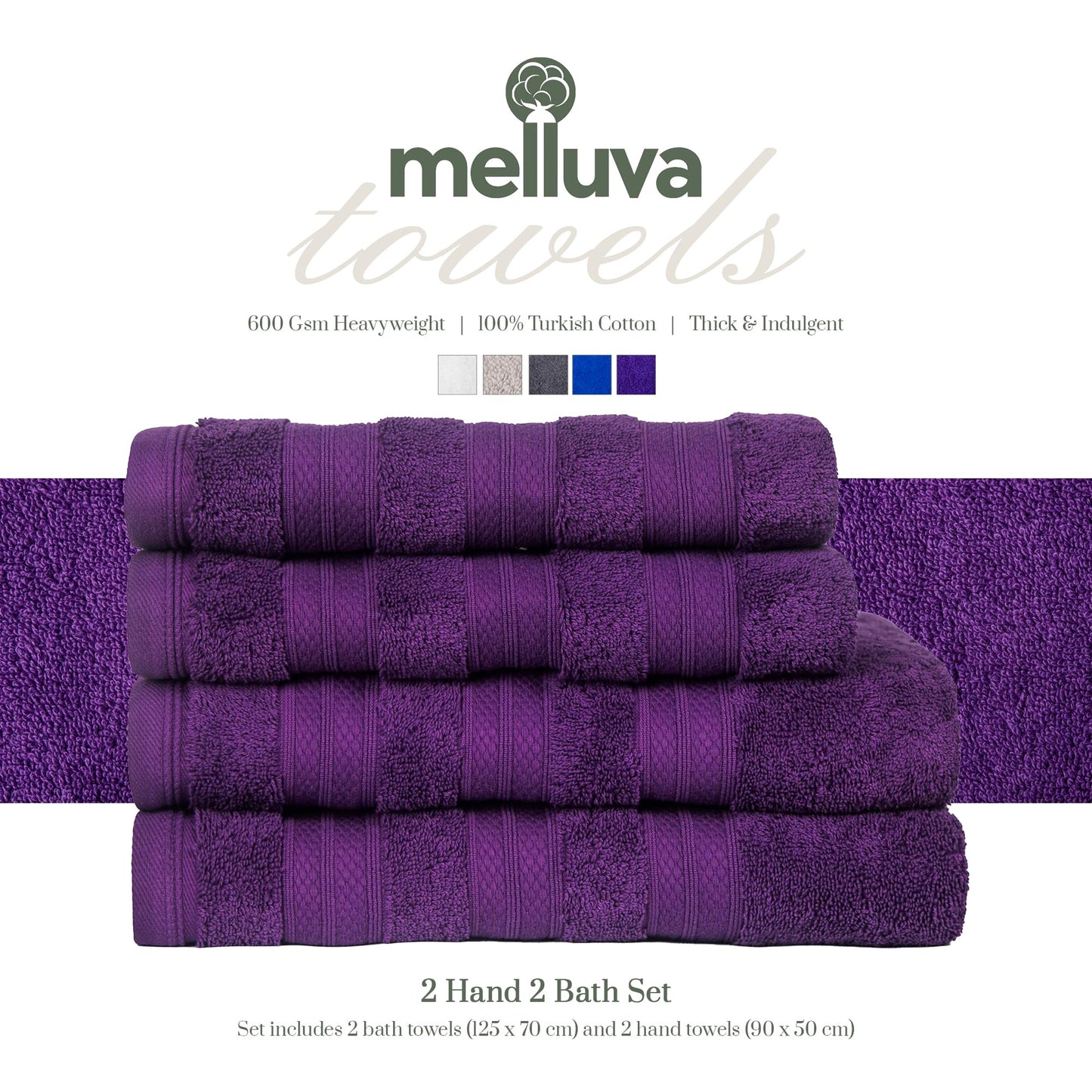 MELLUVA Large Bath Towels | Set of 4 | 100% Turkish Cotton | Highly Absorbent 600GSM | Soft Plush Luxury Towel Set | 2 Bath Towels 2 Hand Towels