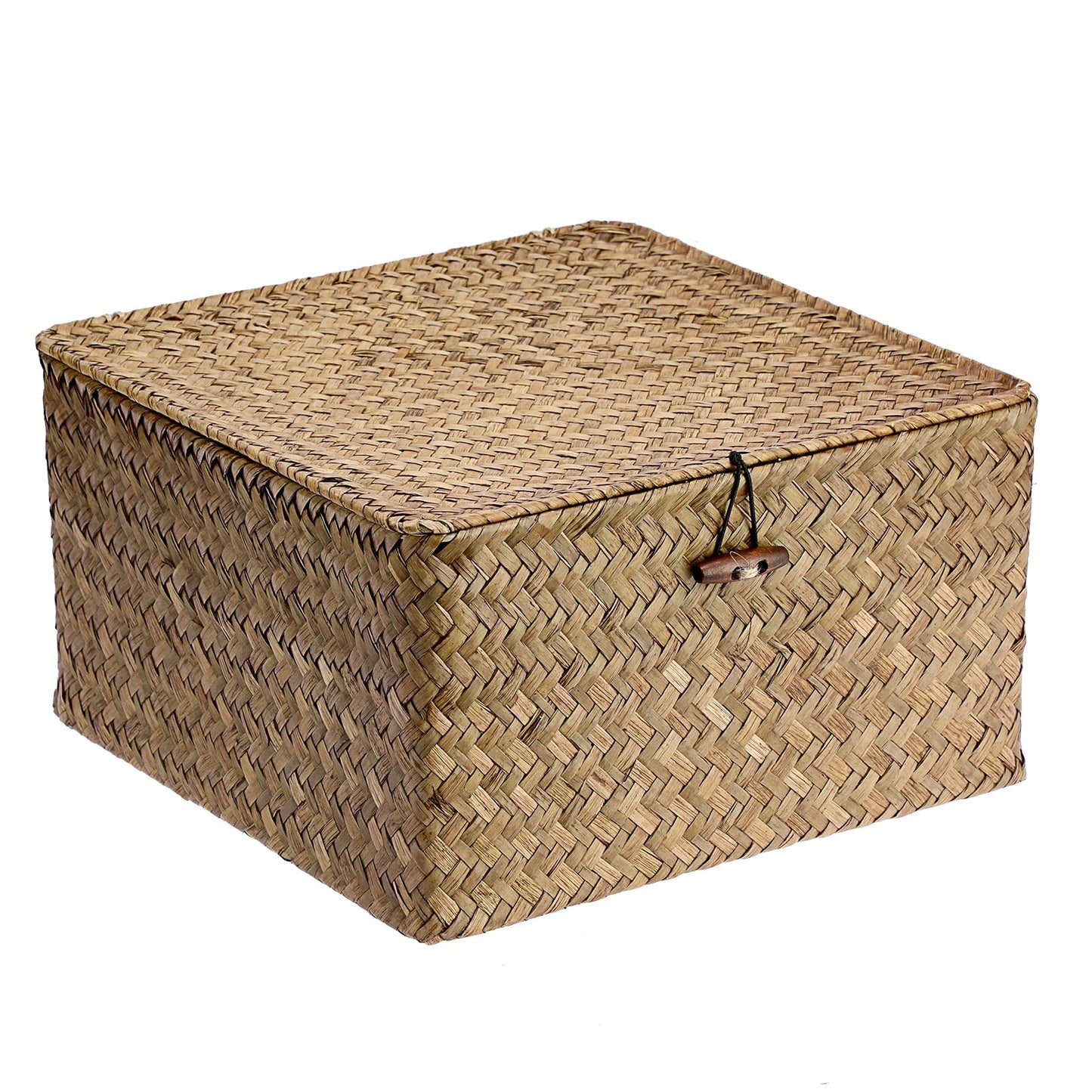 IGNPION Seagrass Storage Basket with Lid Woven Wicker Desktop Basket Rectangular Bathroom Storage Organiser Box