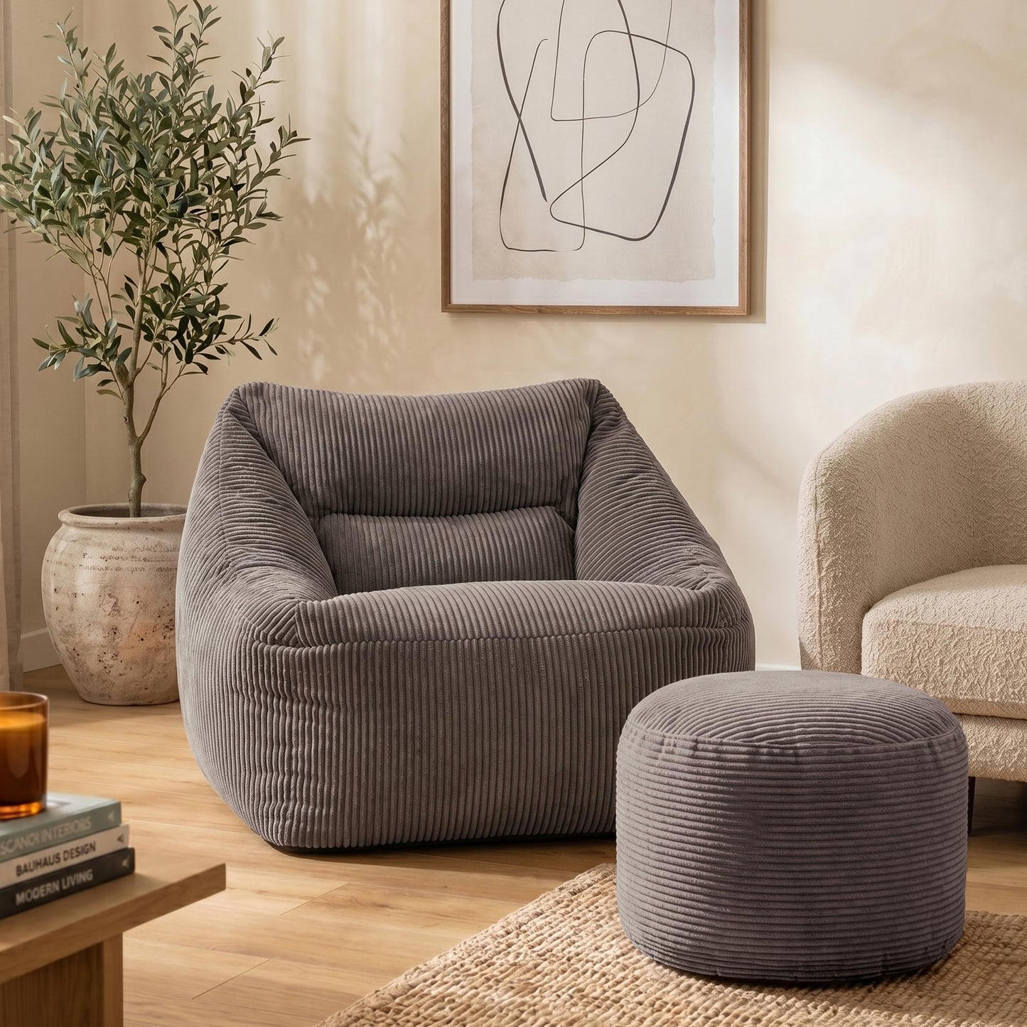 icon Natalia Cord Bean Bag Chair & Footstool with Filling Included, Grey