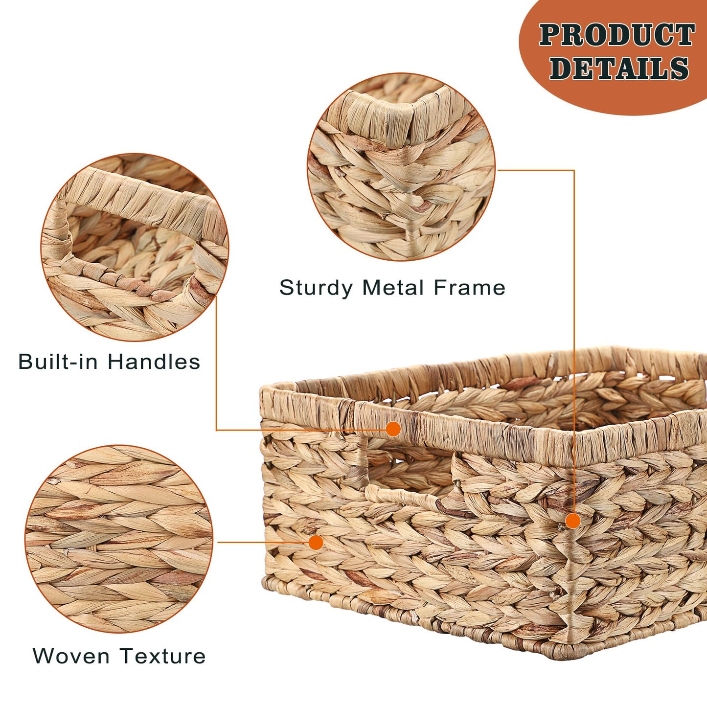 OGANAZI Natural Water Hyacinth Baskets with Handles, 40.5 * 30.5 * 13cm