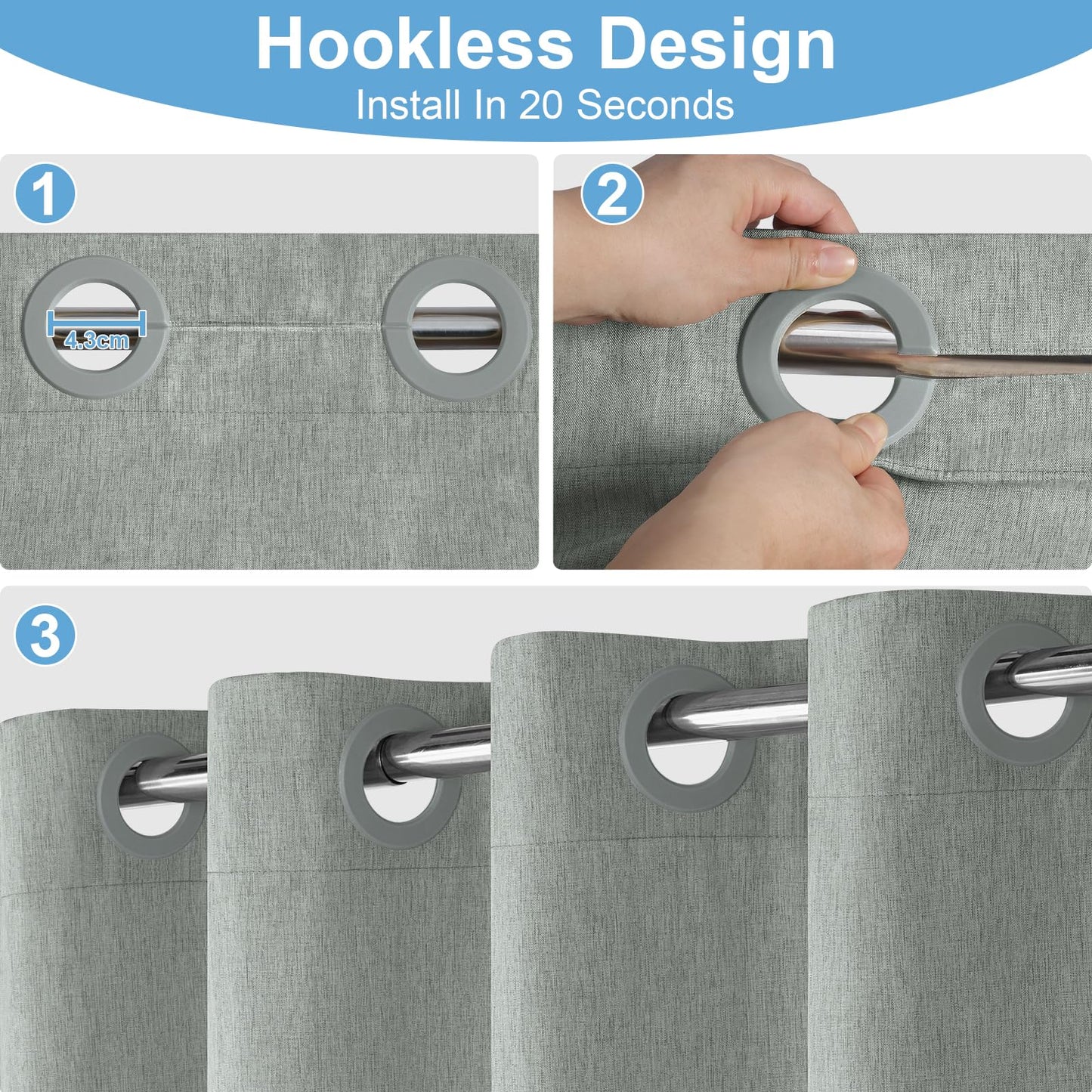 Hotel Style No Hook Rustic Linen Shower Curtain for Bathroom 230GSM Thick Fabric Texture Shower Curtains, Enhanced Waterproof, Weighted Hem
