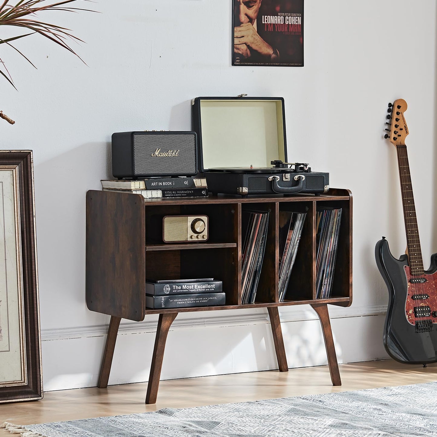 LELELINKY Record Player Stand, 4 Compartments, Holds Up to 220 Records