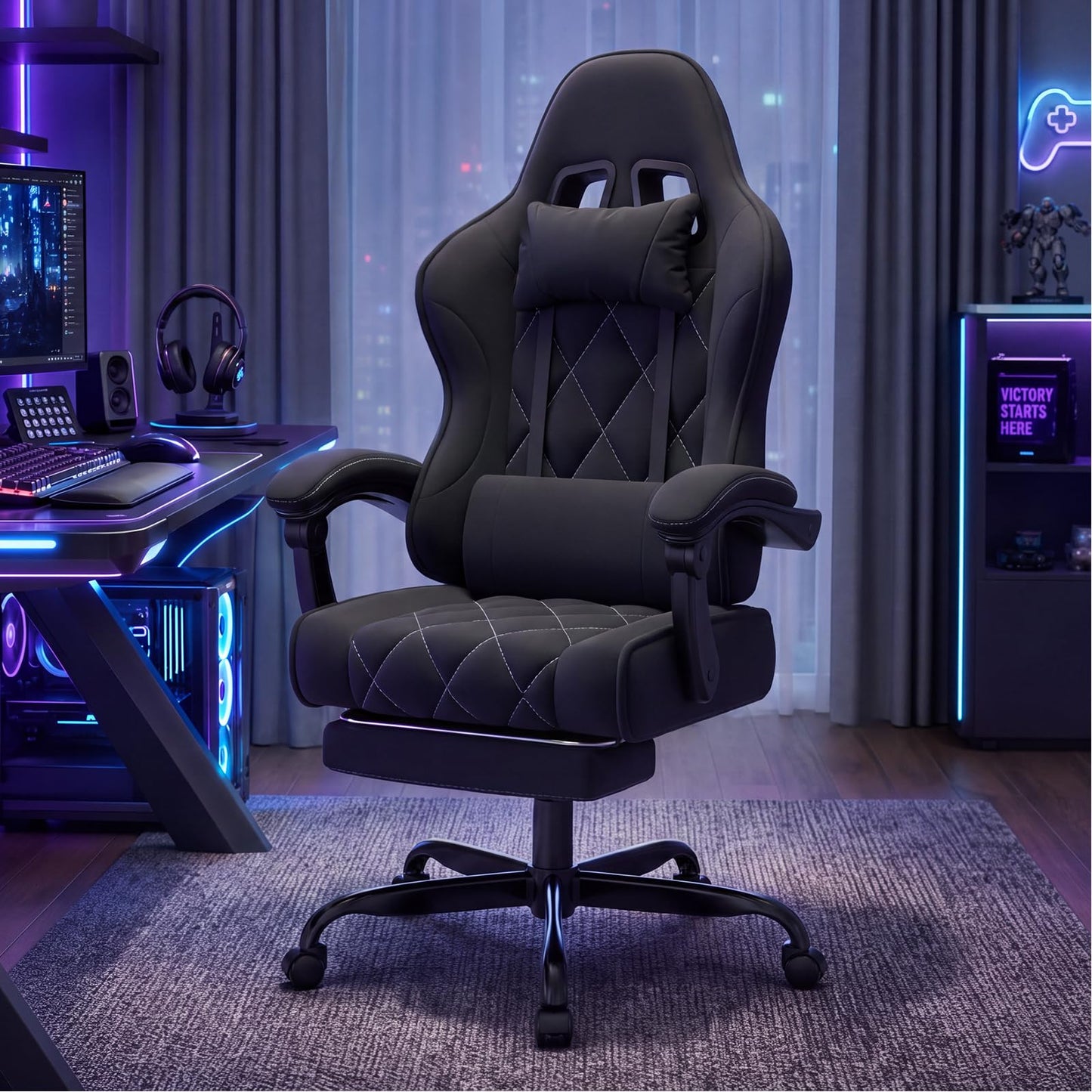 JUMMICO Ergonomic Fabric Gaming Chair with Footrest, 2-Point Vibration Massage Lumbar Support, Linked Reclining Armrests, 90-135° Reclining Backrest