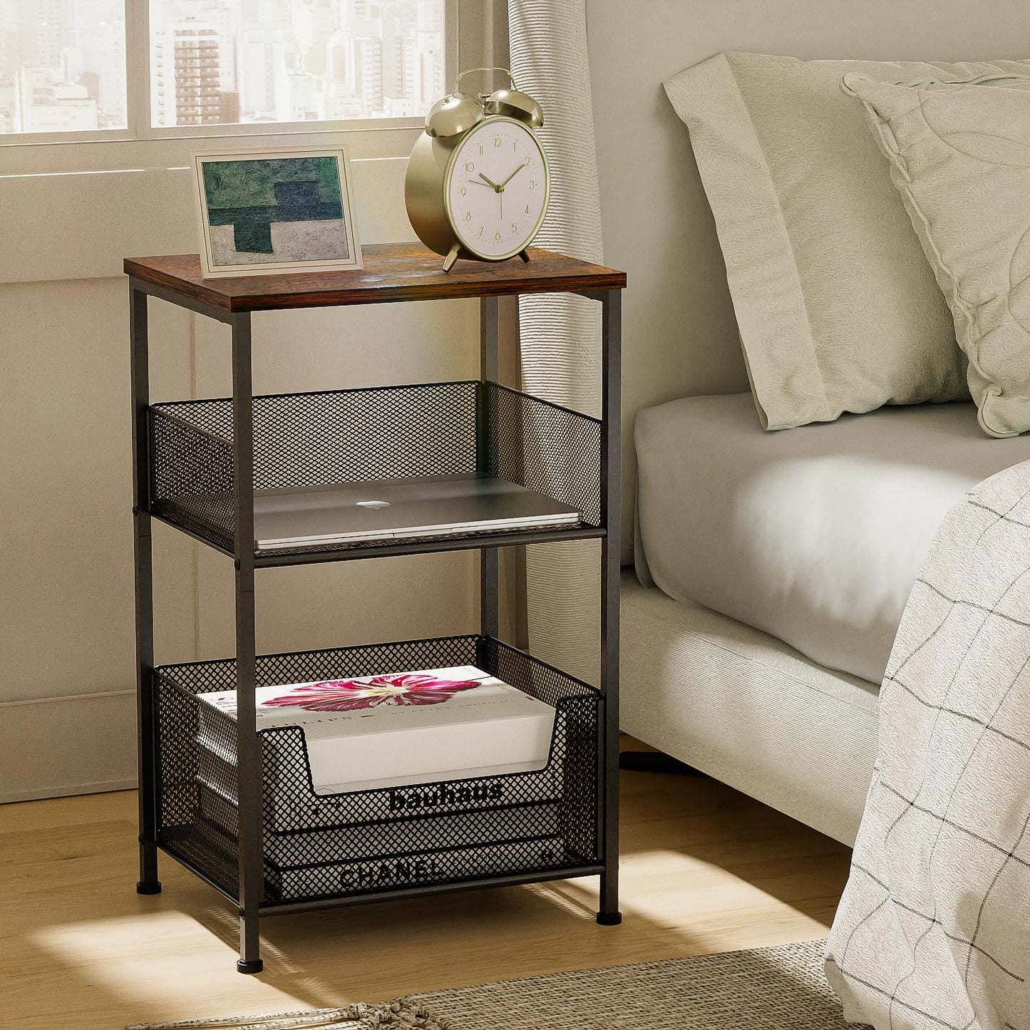 Mutool 3 Tier Side Table, 64.5cm End Table Sofa Side Table with Storage Shelf for Small Spaces