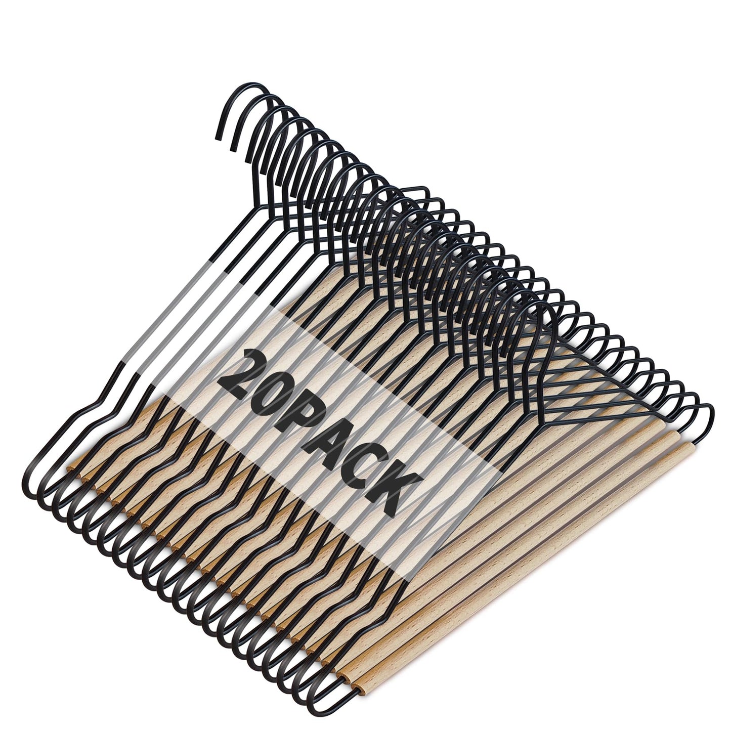 Jiang&Rong 20 Pack Matt Metal Clothes Hanger,Wood Pants (Black)