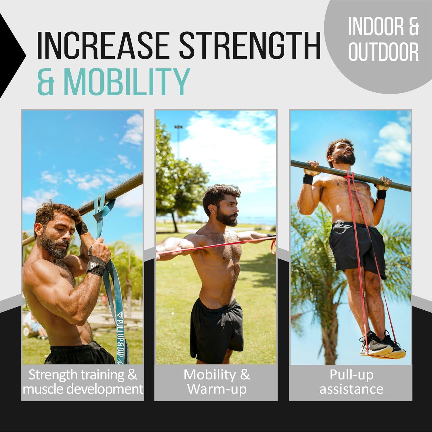 PULLUP & DIP Resistance Bands Pull Up Bands for Assisted Pull Ups, Calisthenics, Crossfit, Pull Up Bar; Premium Fitness Bands (LIGHT + MEDIM + STRONG