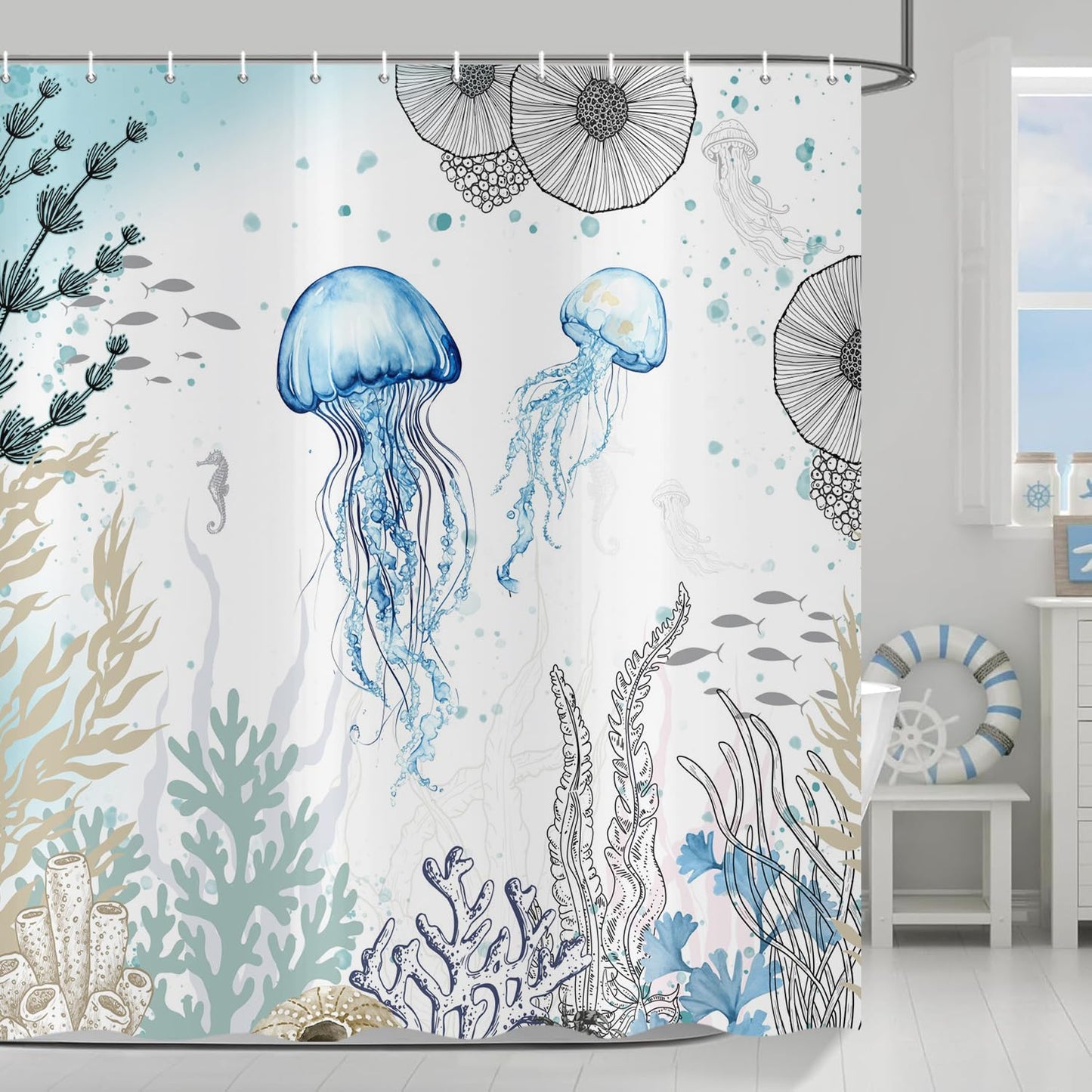 ASDCXZ Jellyfish Shower Curtain 180x200 cm, Watercolor Jellyfish Underwater Coral Summer Ocean Nautical Waterproof Bath Curtain Polyester Textile