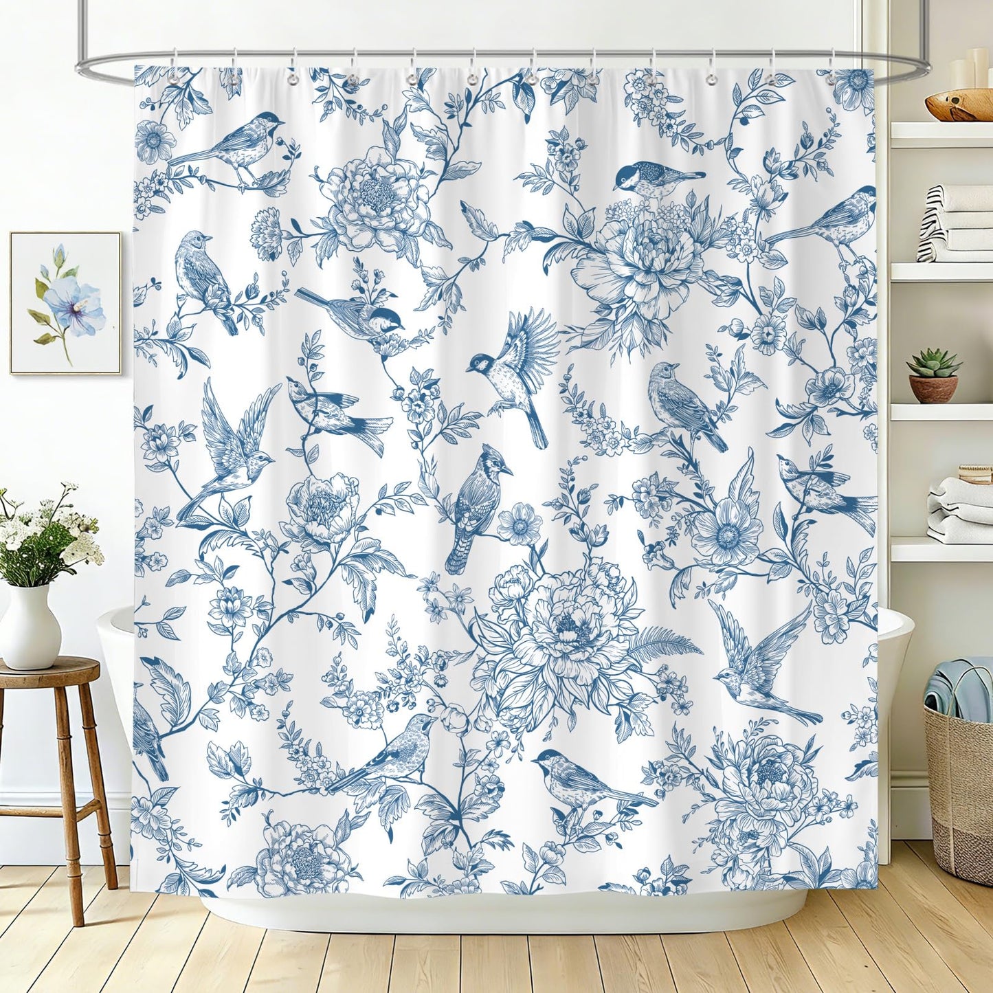hometrixx Farmhouse Vintage Blue Floral Birds Shower Curtain 180x200cm