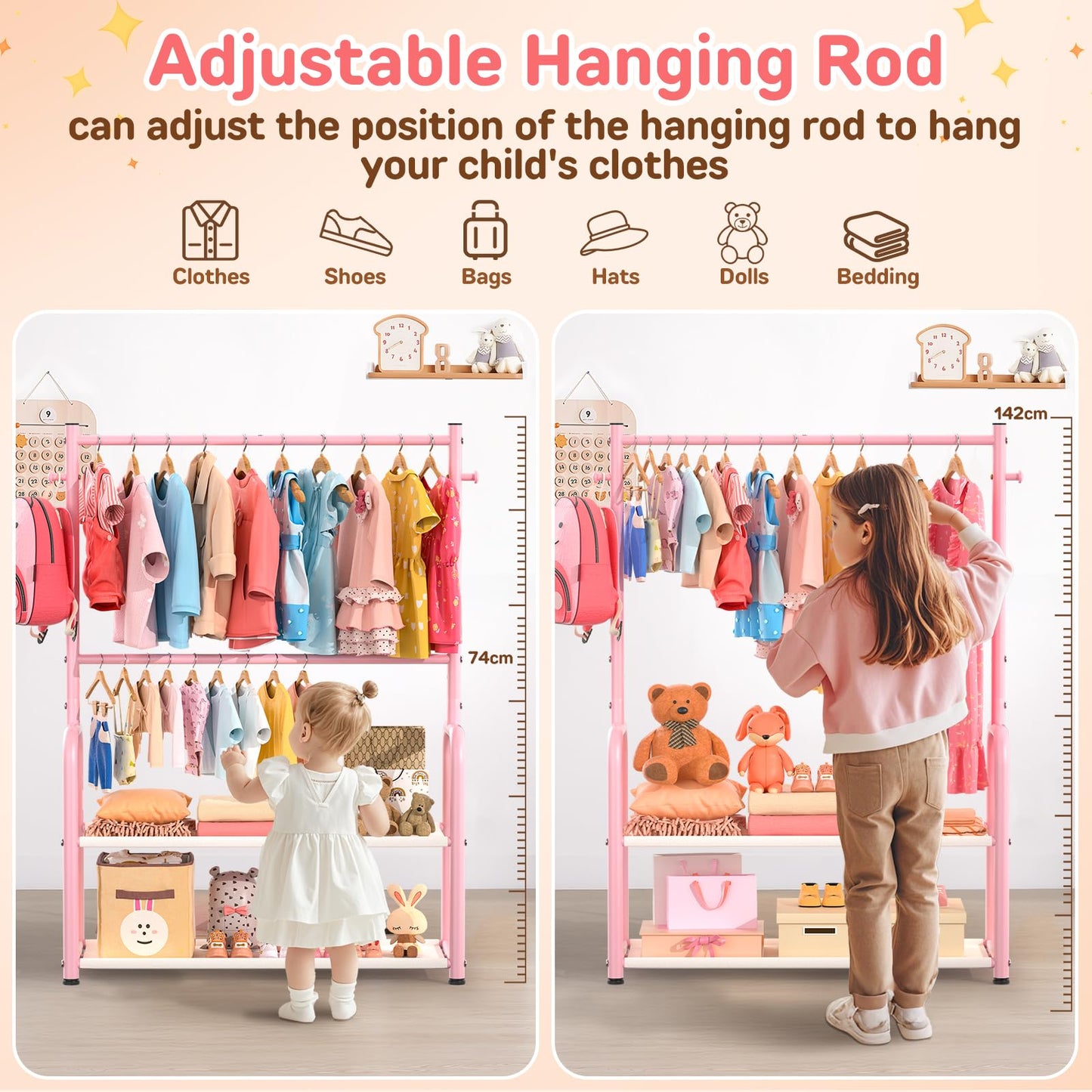 ZHKINGGS Kids Clothing Rail, Adjustable Toddler Dress Up Storage Rack, Pink