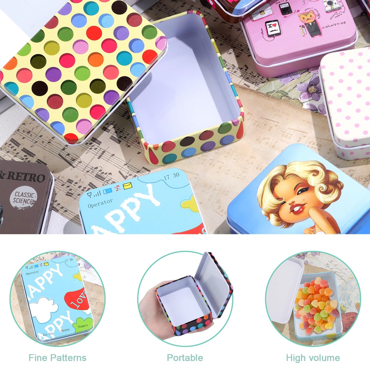 Pramape Pack of 8 Metal Tins with Lids, 90 x 65 x 25 mm Circular Dots Tin Boxes for Small Items and Craft Projects
