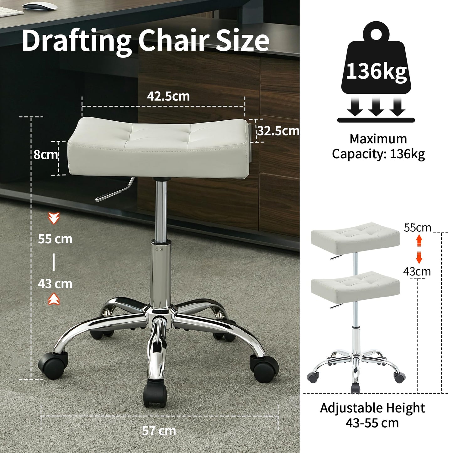 FIRAVOE Adjustable Drafting Stools 43.5–54.5 cm (Saddle Shaped Seat) (136 kg Capacity) Office Stool with Wheels