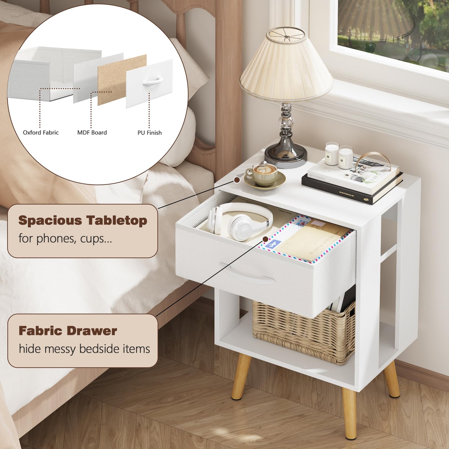 OYRREU White Bedside Table Set of 2 with Drawers & Open Shelf for Bedroom