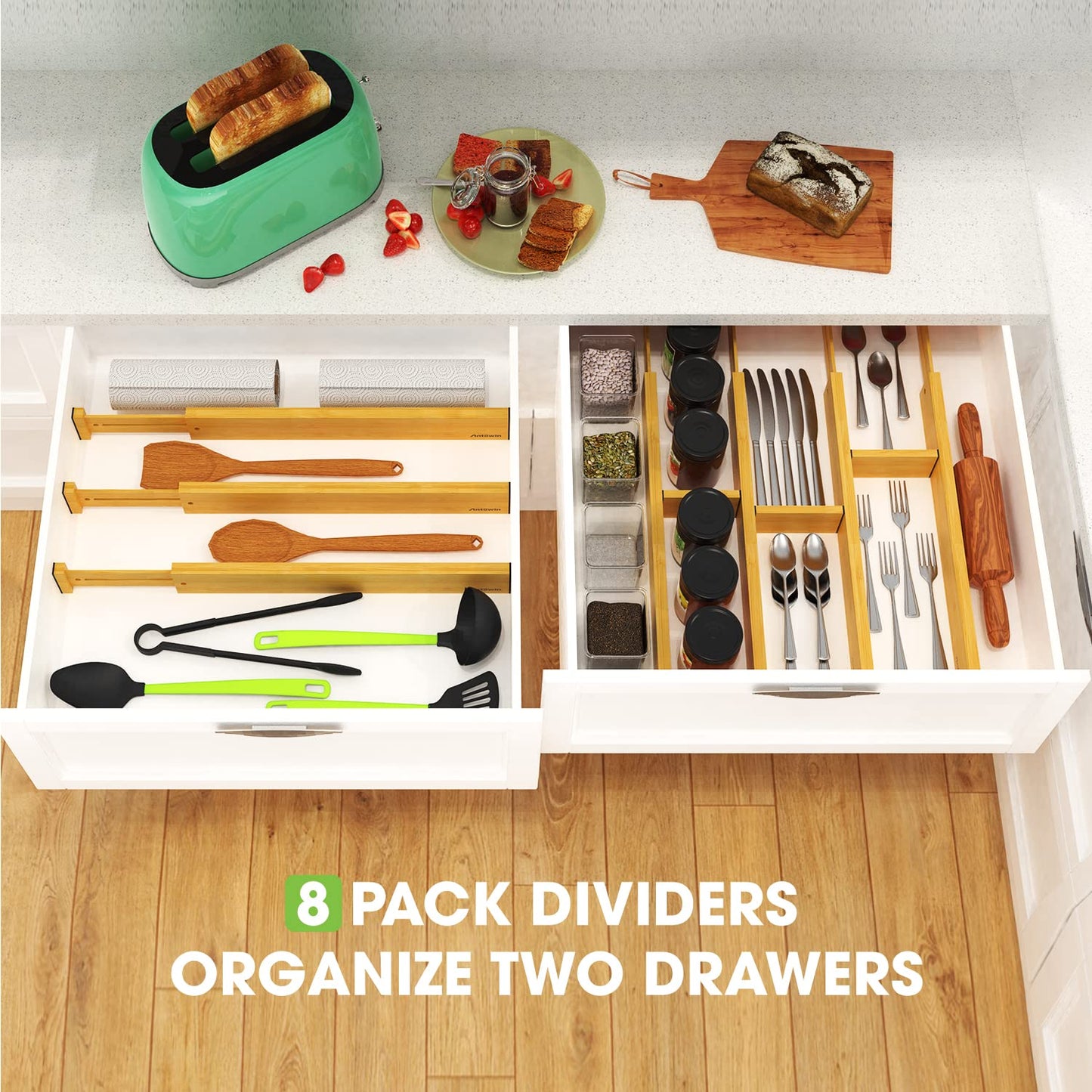 ANTOWIN Bamboo Drawer Dividers Organizers 16pcs, Expandable Drawer Separators Splitter