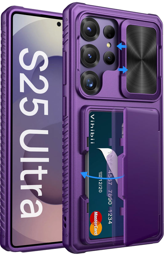 Vihibii for Samsung Galaxy S25 Ultra Wallet Case, Built-in Card Holder (4 Cards), [RFID Blocking] & Slide Camera Lens Protective Cover, Heavy Duty