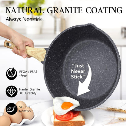 GiPP Nonstick Deep Frying Pan - 2.6L Grey Granite Saute Pan with Lid, Pour Spout and Stay-Cool Handle, Non Stick Skillet Non Toxic Cooking Pan