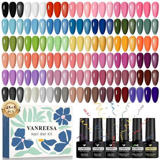 VANREESA Gel Nail Polish Set, 45+5 PCS Classic White Black Red Glitter Pink Blue Gel Polish Set with Base Top Coat Suitable for All Seasons Soak Off