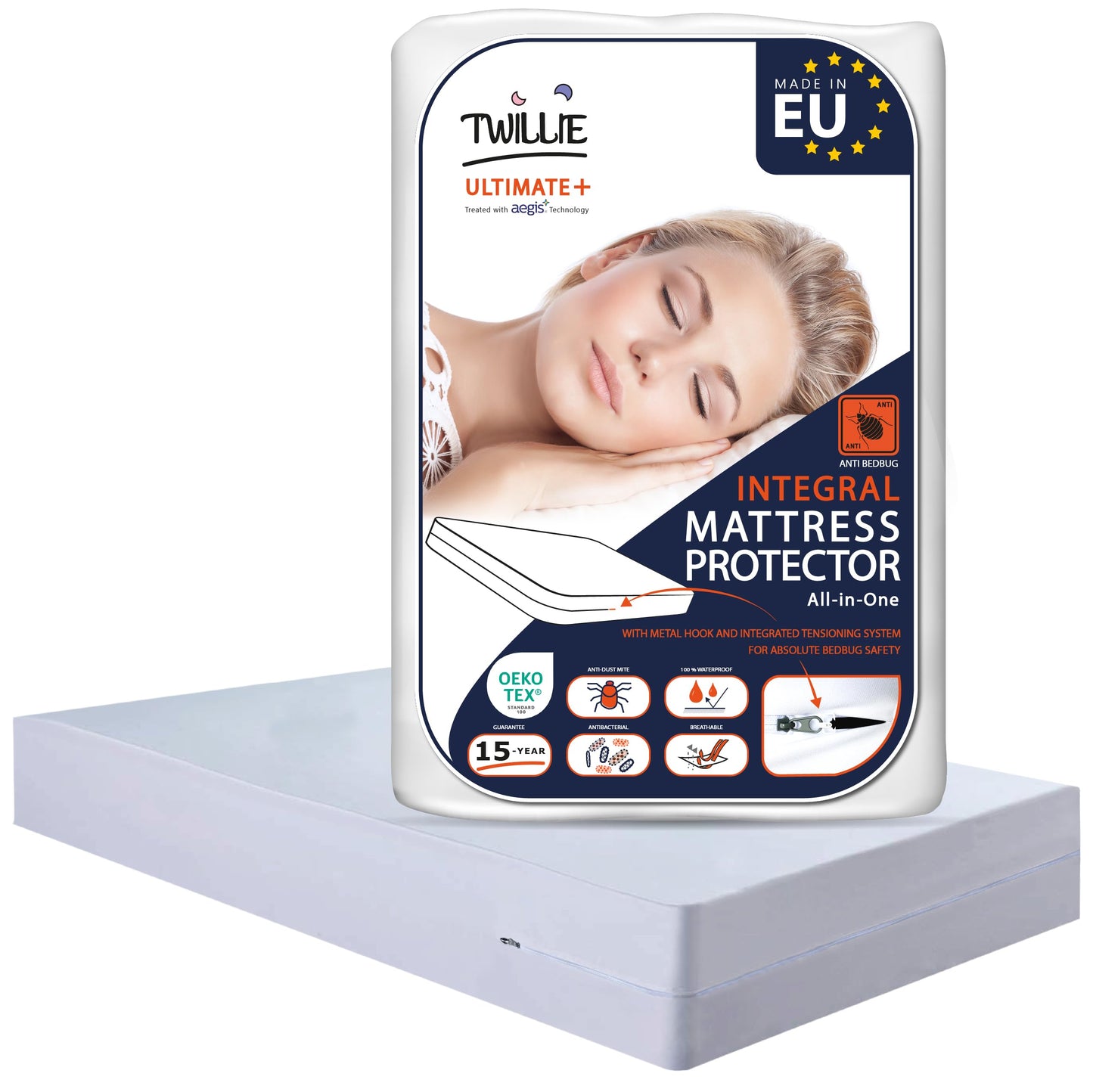 Twillie - Integral Mattress Cover 135x190x20 cm Waterproof - Anti bedbug - Oeko-TEX® Mattress Cover AEGIS® treatment Anti-Dust Mite, Anti-Bacterial