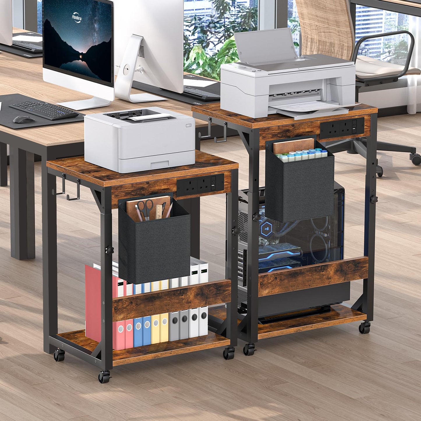 HOOBRO Computer Tower Stand, Printer Stand with Charging Station on Wheels, Height Adjustable PC Stand with 2 Hooks and 1 Fabric Pocket