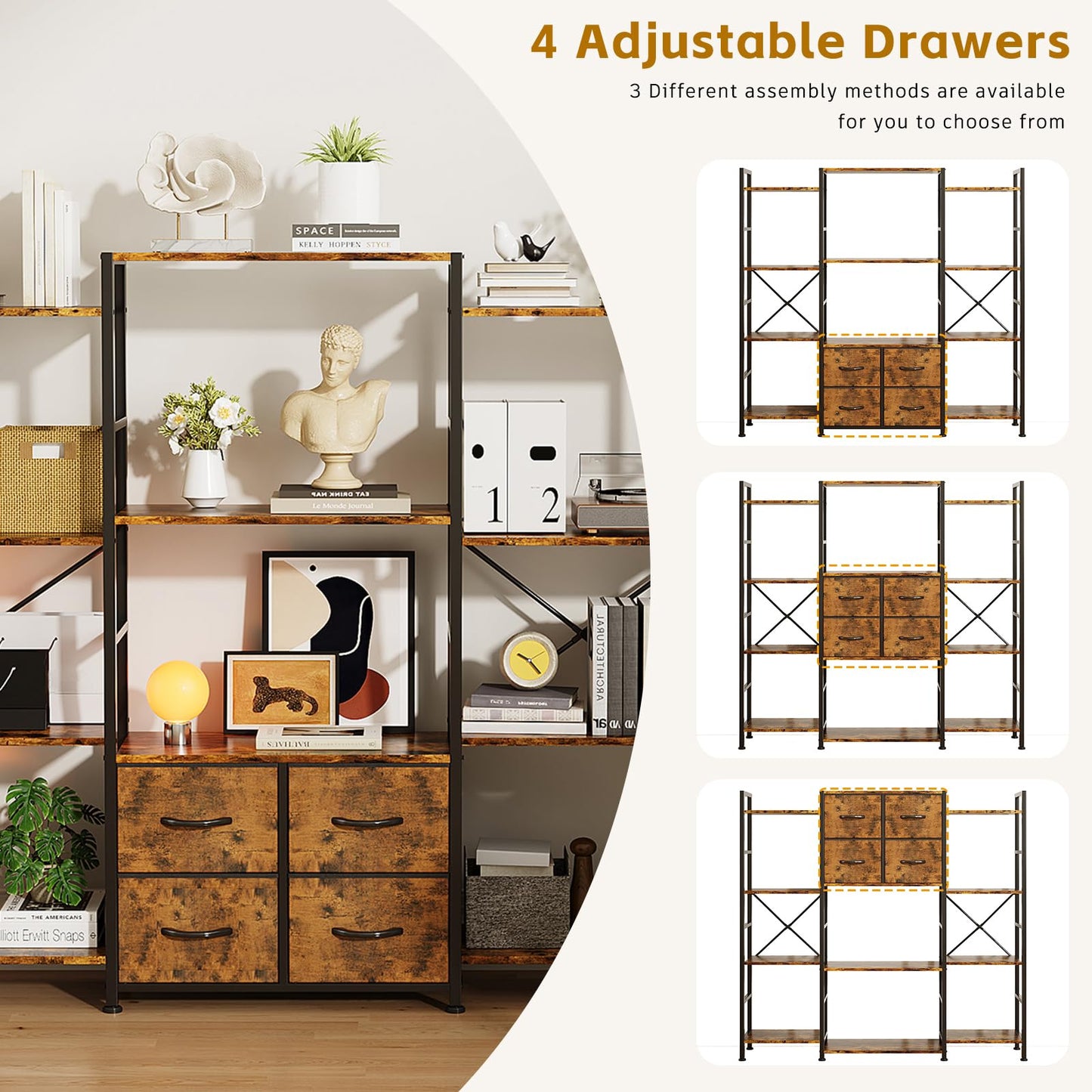 VERMESS 142W x142H cmTriple Book Shelf, 4 Tier Industrial Bookshelf for Home & Office, Large Shelving Unit with 4 Adjustable Fabric Drawers