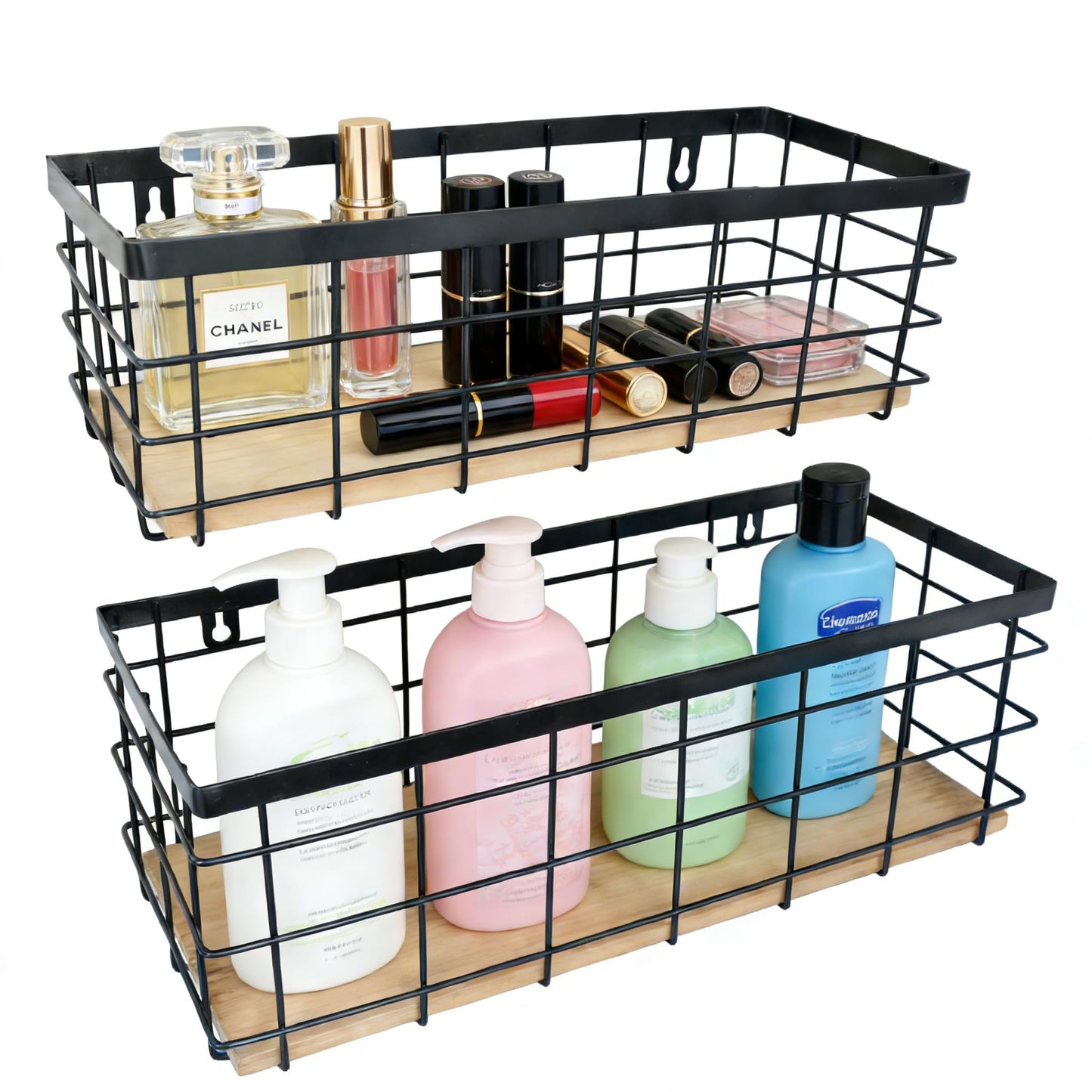 ShabbyDecor Metal Wire Basket Detachable Wood Base Storage Organizer Farmhouse Bin for Kitchen Cabinets, Bathroom, Pantry, Laundry Room