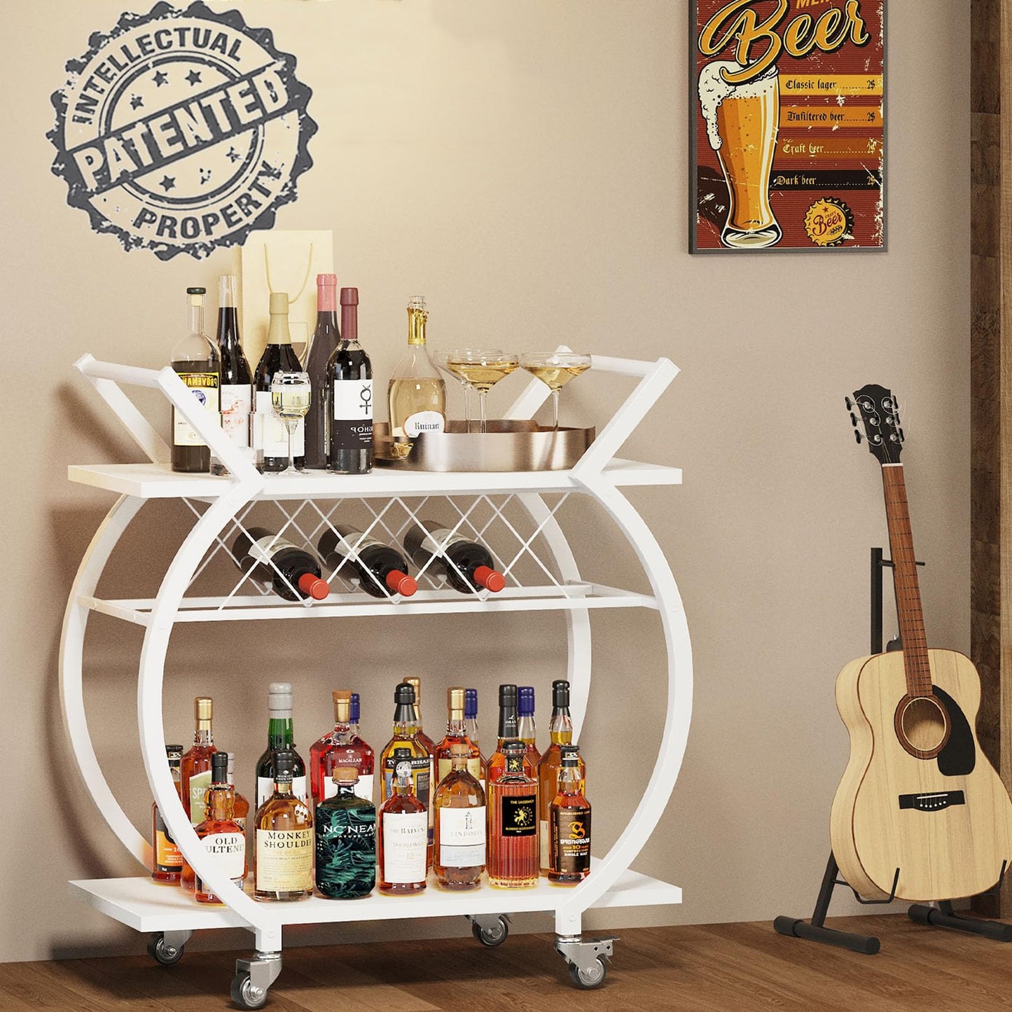 LVB White Drinks Trolley, 2 Tier Rolling Bar Cart, Modern Serving Trolley on Lockable Wheels, Wine Cart with Storage Shelves, Wine Holders