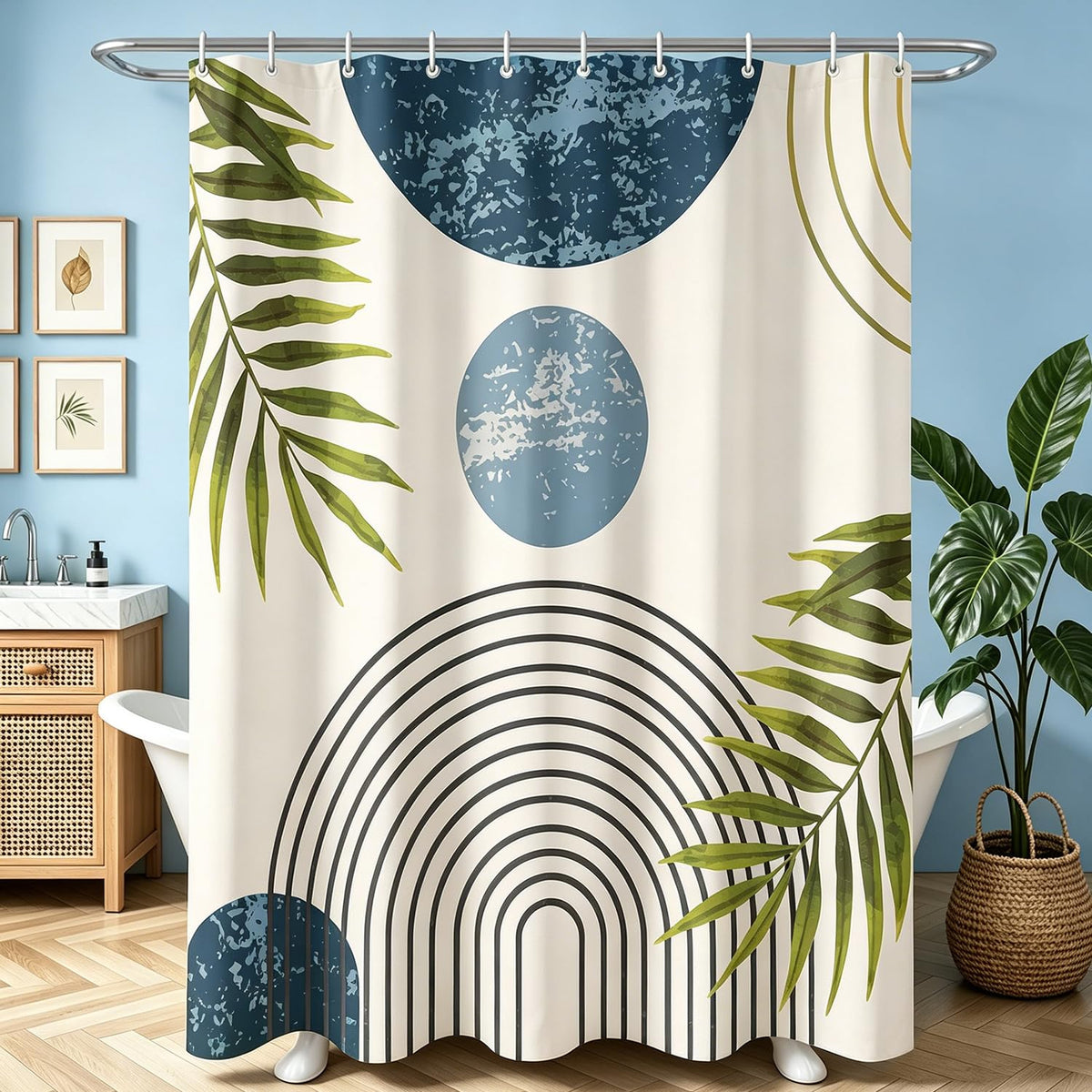 Lerores Shower Curtain, 180 x 180 cm, Blue Leaves Line, Weighted Hem, Anti-Mould Textile, Water-Repellent