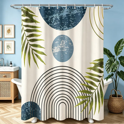 Lerores Shower Curtain, 180 x 180 cm, Blue Leaves Line, Weighted Hem, Anti-Mould Textile, Water-Repellent