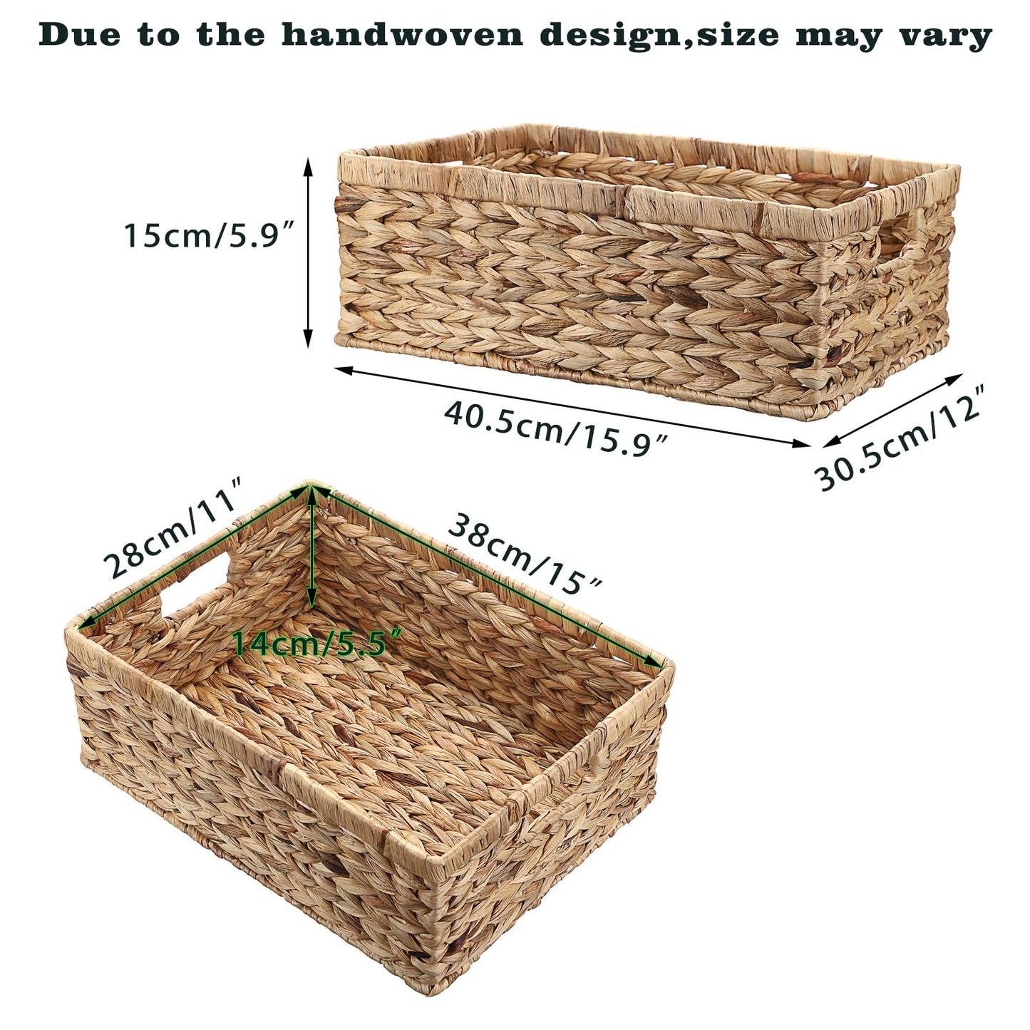 OGANAZI Natural Water Hyacinth Baskets with Handles, 40.5 * 30.5 * 13cm