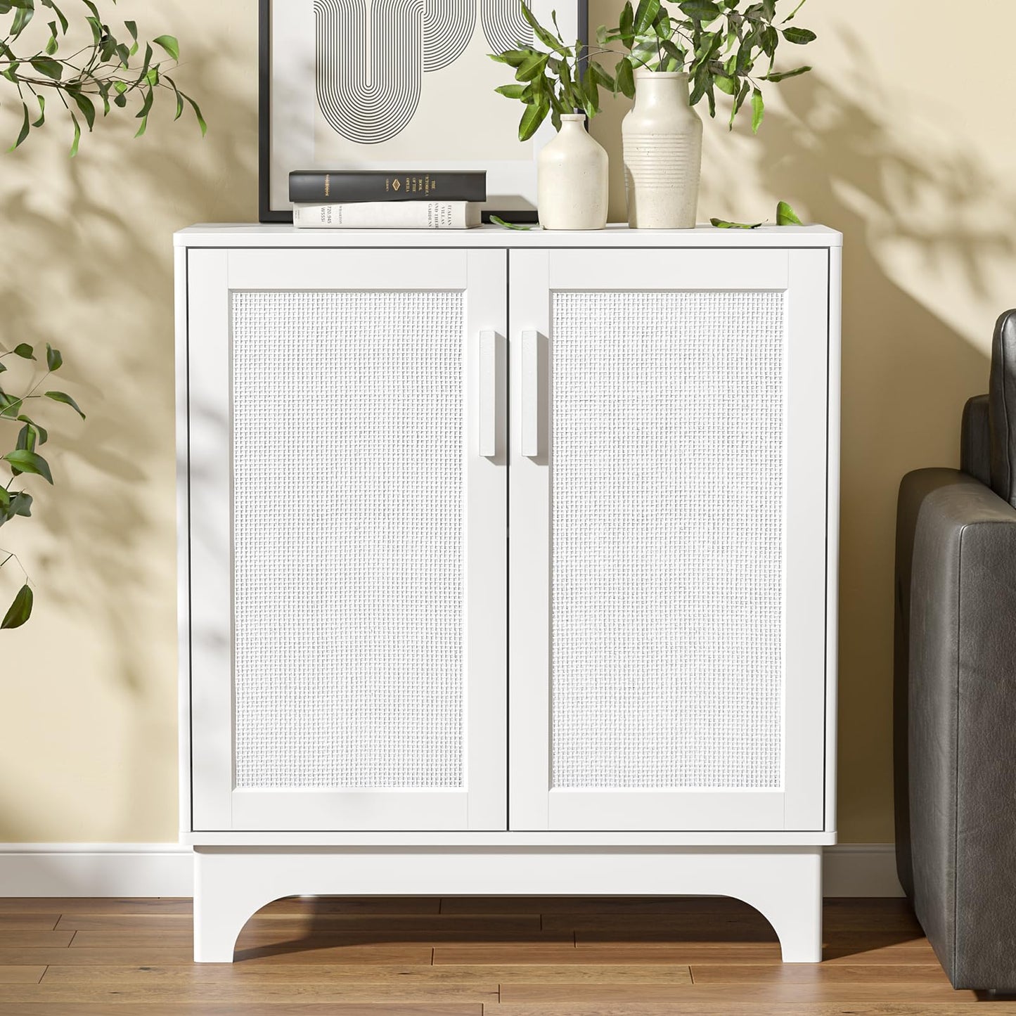 Yvsevnr White Sideboard Wooden Buffet Storage Cabinet for Living Room, Rattan Kitchen Cupboard with Adjustable Shelf, Magnetic Closure