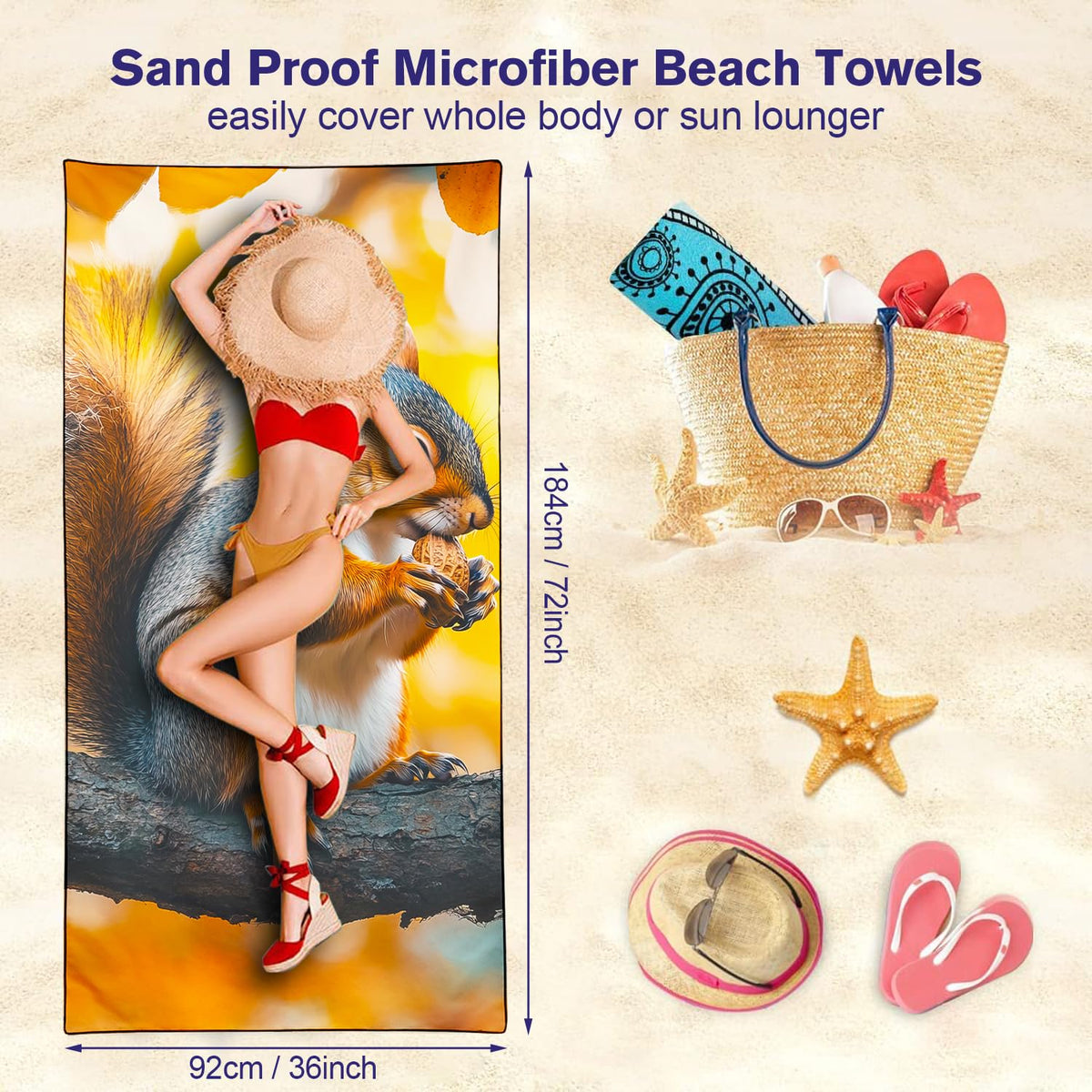 Violetpos Squirrel with Nut Beach Towel, Extra Large 180x90 cm 250GSM Microfibre, Sand Free Quick Dry