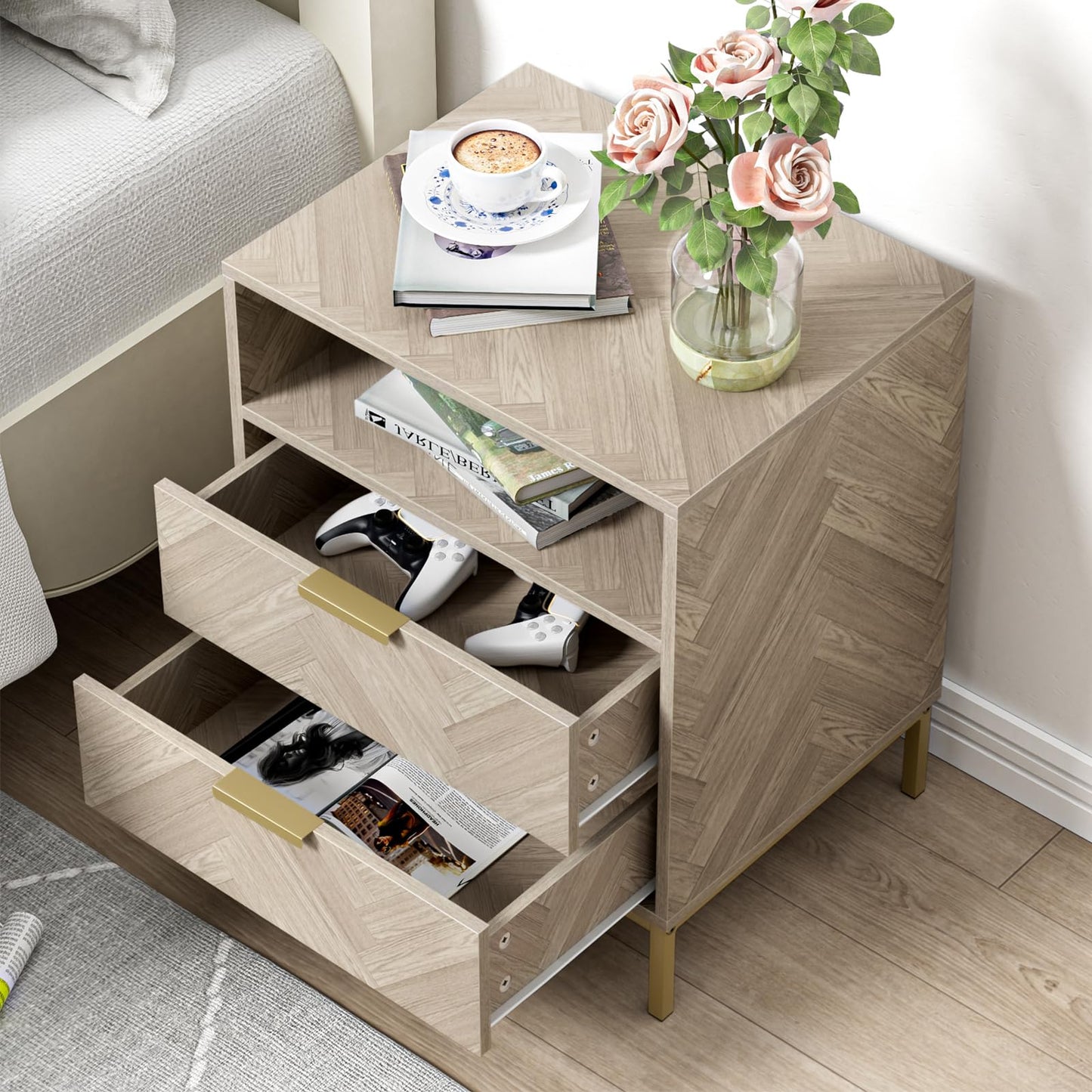 Yvsevnr Modern Bedside Tabls with Drawers Wood Bed Side Table for Bedroom Living Room Office Herringbone Small Chest of Drawers with Open Compartment