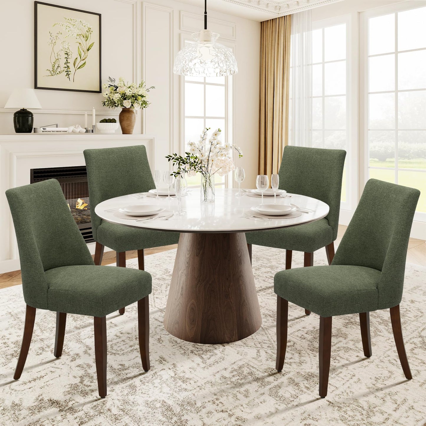 COLAMY Upholstered Dining Chairs Set of 4, Linen Fabric Parsons Dining Room Chairs with Curved Backrest, Solid Rubber Wood Legs