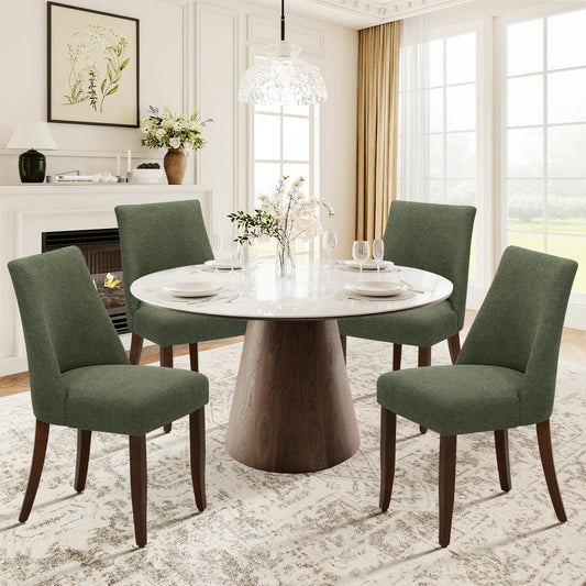 COLAMY Upholstered Dining Chairs Set of 4, Linen Fabric Parsons Dining Room Chairs with Curved Backrest, Solid Rubber Wood Legs
