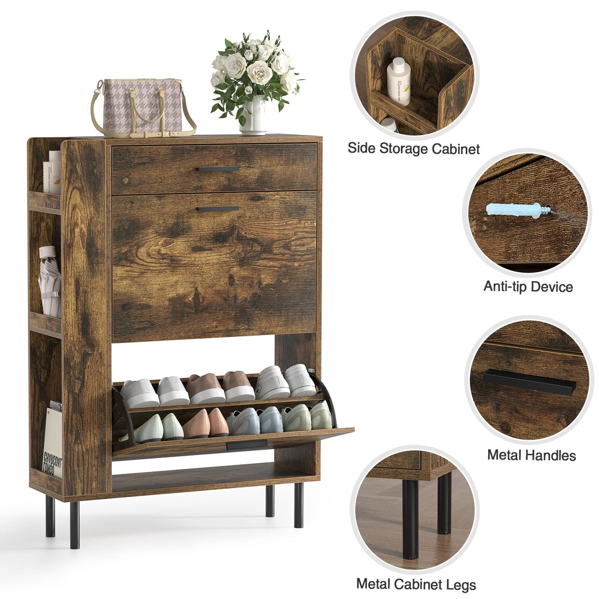 Yvsevnr Wooden Shoe Cupboard with 2 Flip Drawers and 3 Open Shelf Freestanding Entryway Storage Unit with Adjustable Shelves Shoe Storage Cabinet for
