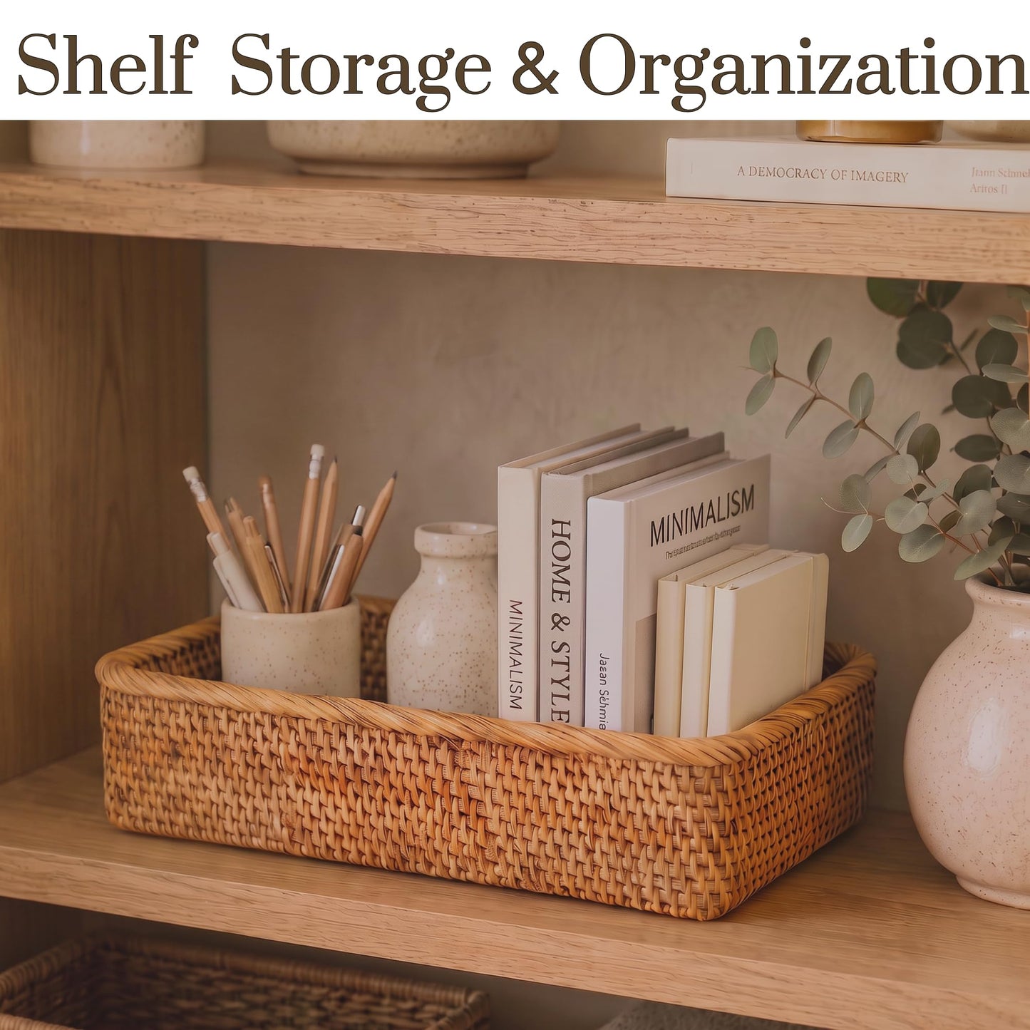 Wicker Storage Basket, Rectangular Rattan Fruit Baskets, Natural Woven Serving Basket and Organizer for Shelf (Set of 3)
