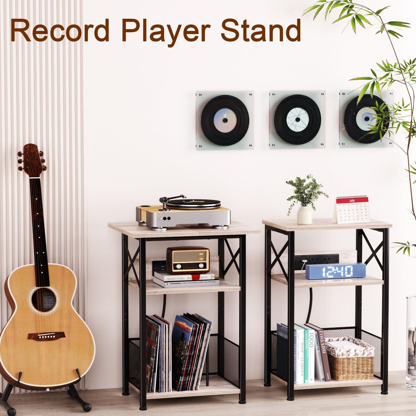 AMHANCIBLE Record Player Stand with Charging Station, Vinyl Record Storage