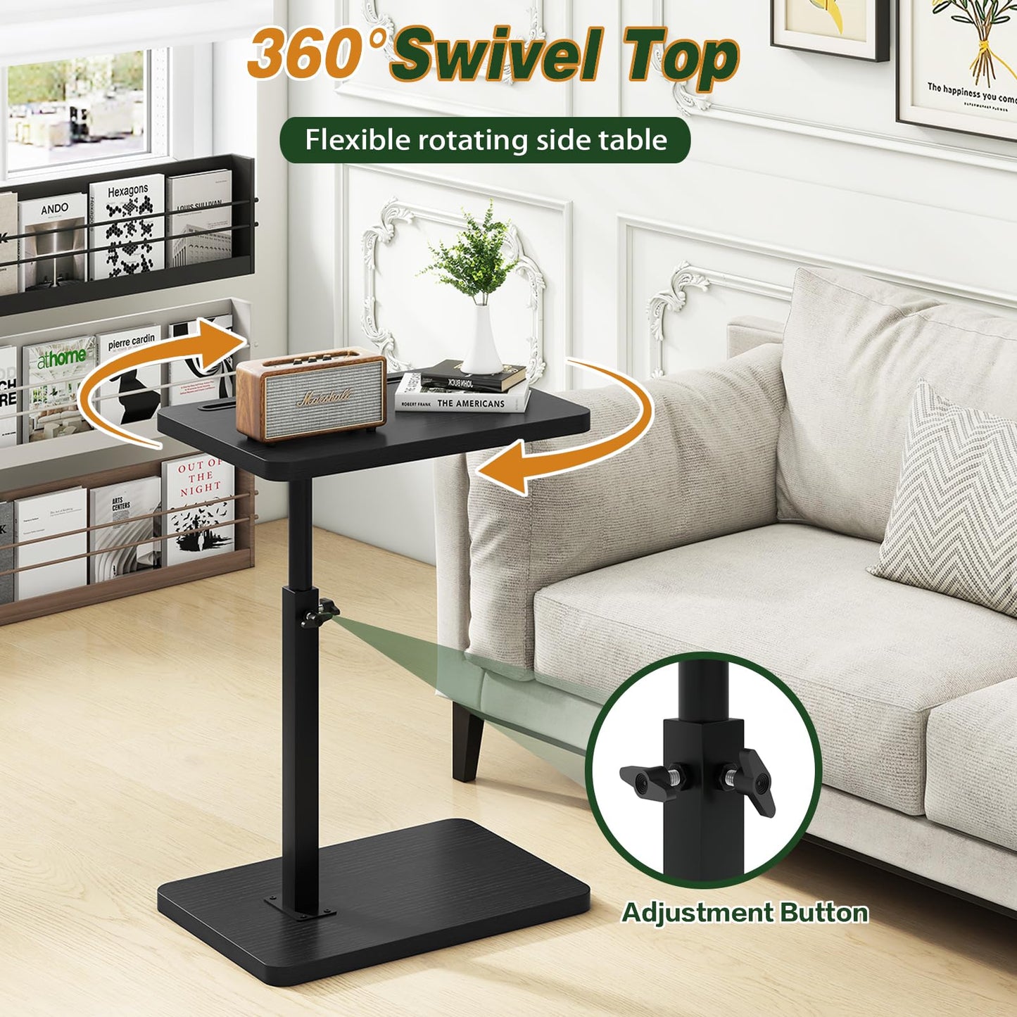 IBUYKE C Shaped Side Table,360° Swivel Height Adjustable,Black TVT003B