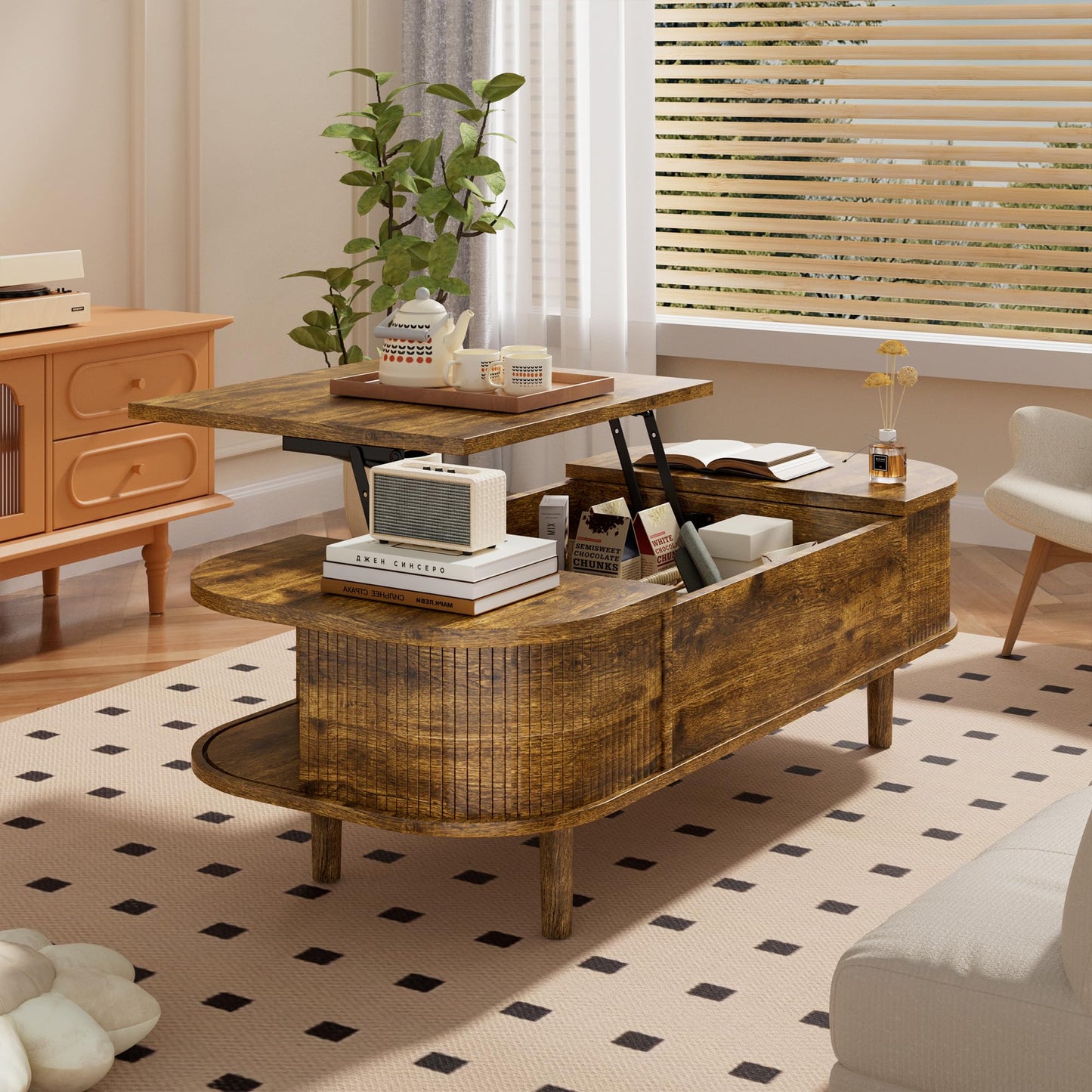 PURFINO Coffee Table with Lift Top - Wooden Modern Centre Table with Unique Textured & Hidden Storage, for Living Room, Bedroom, Small Space