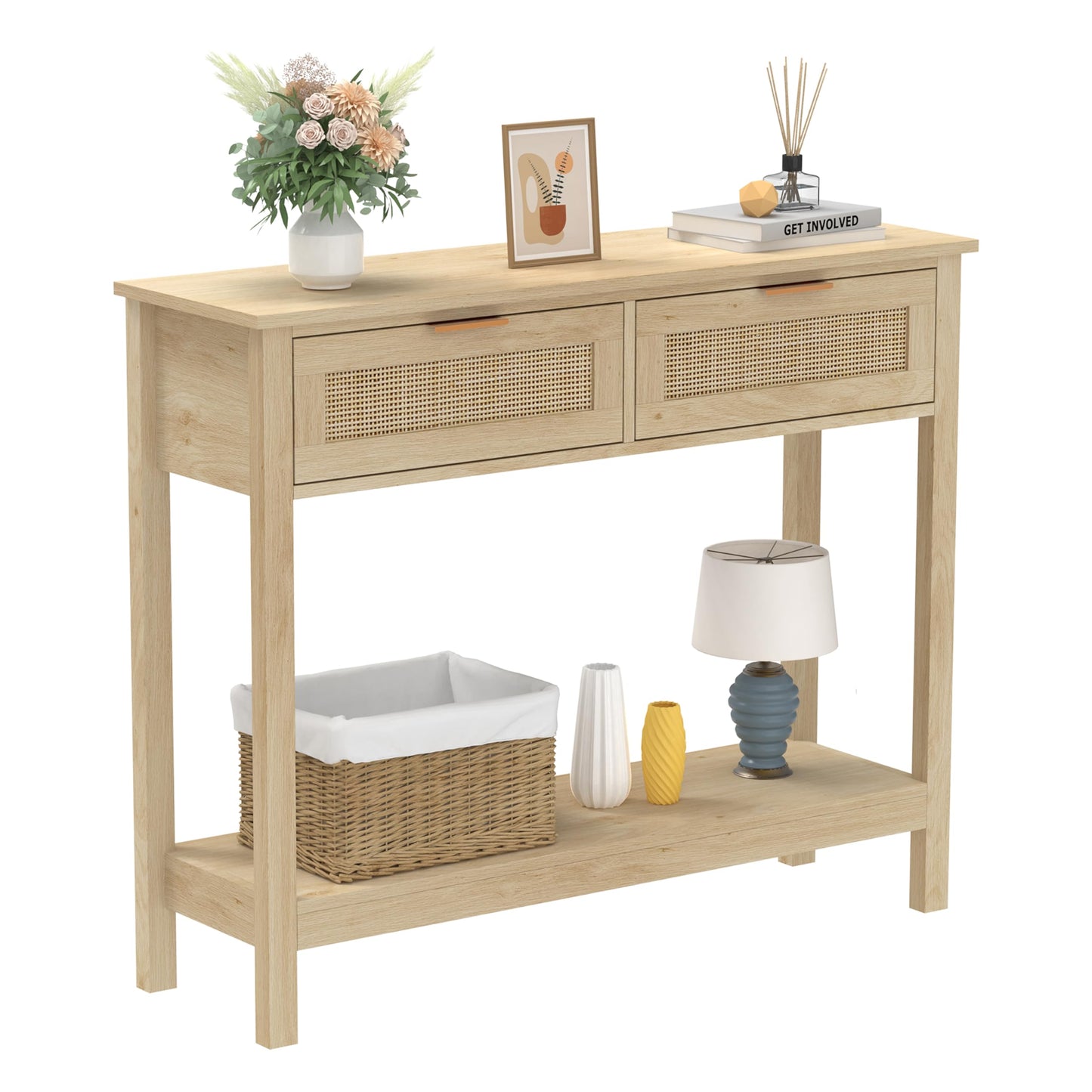 Trironsun Boho Rattan Console Table with 2 Drawers 2 Tier Entryway Table Farmhouse Wood Sofa Tables with Open Storage Shelf for Living Room Hallway