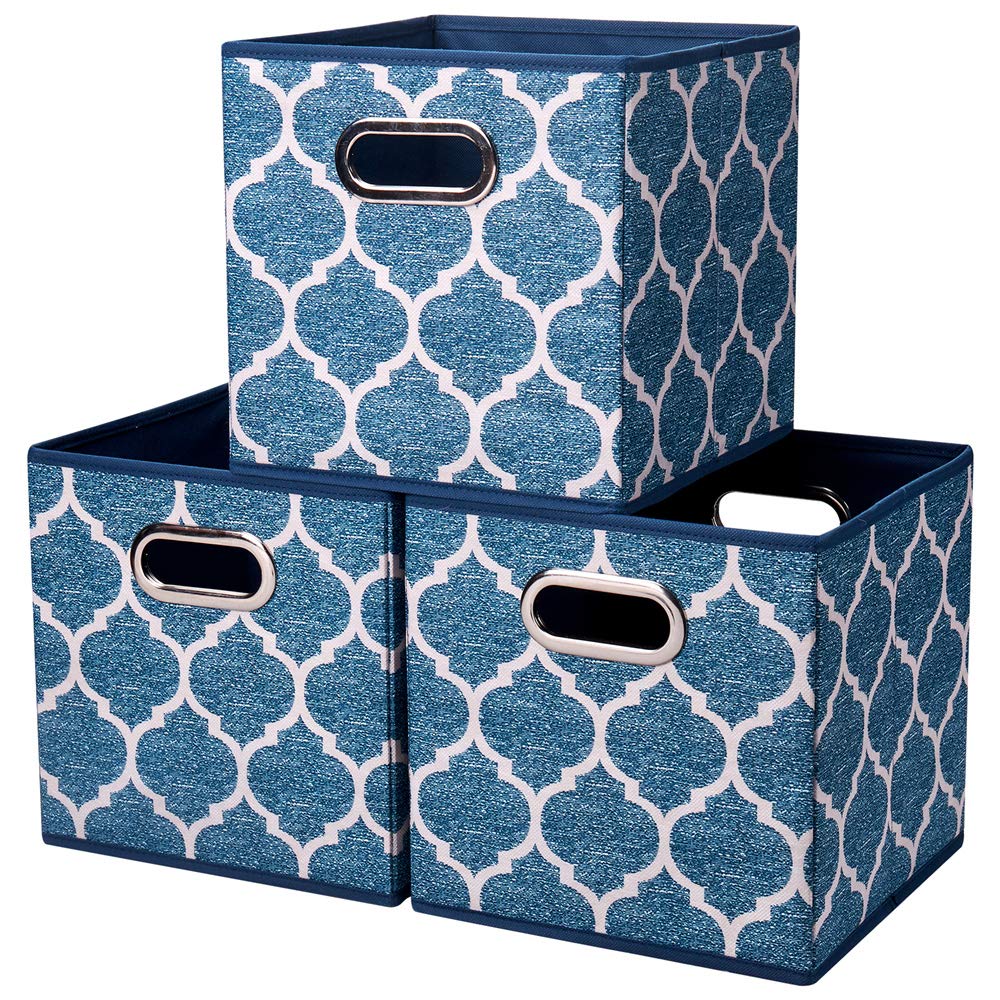HSDT 3 Cube Storage Bins Blue Navy 10.5x10.5x11 Inch Foldable Grid Lantern Print Fabric Half Storage Basketes for Home Organizers Storage
