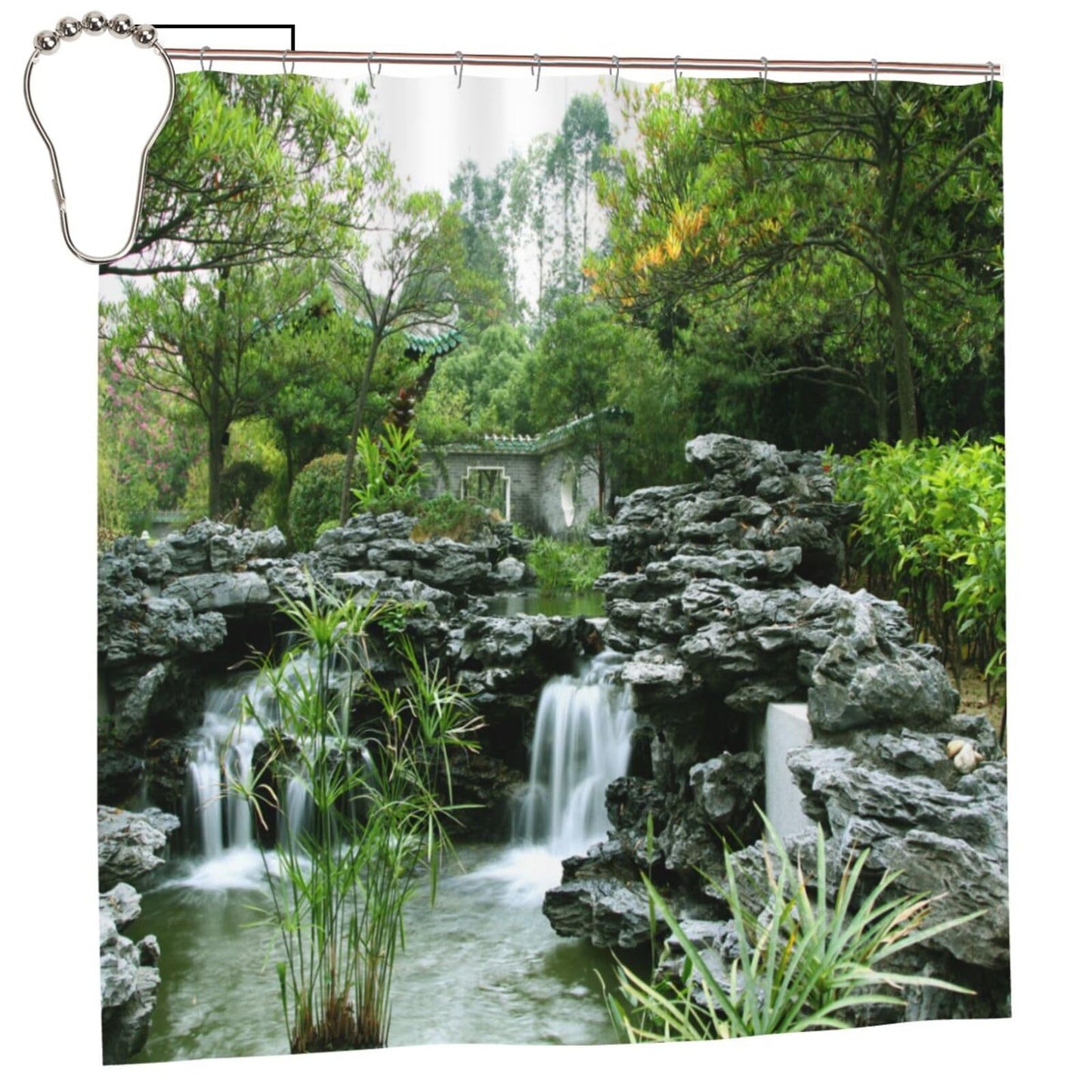 SATOHA Shower Curtain Rockery Flowing Water Waterproof Moistureproof Green Plant Garden Bathroom Bath Curtains Decoration 183x183cm