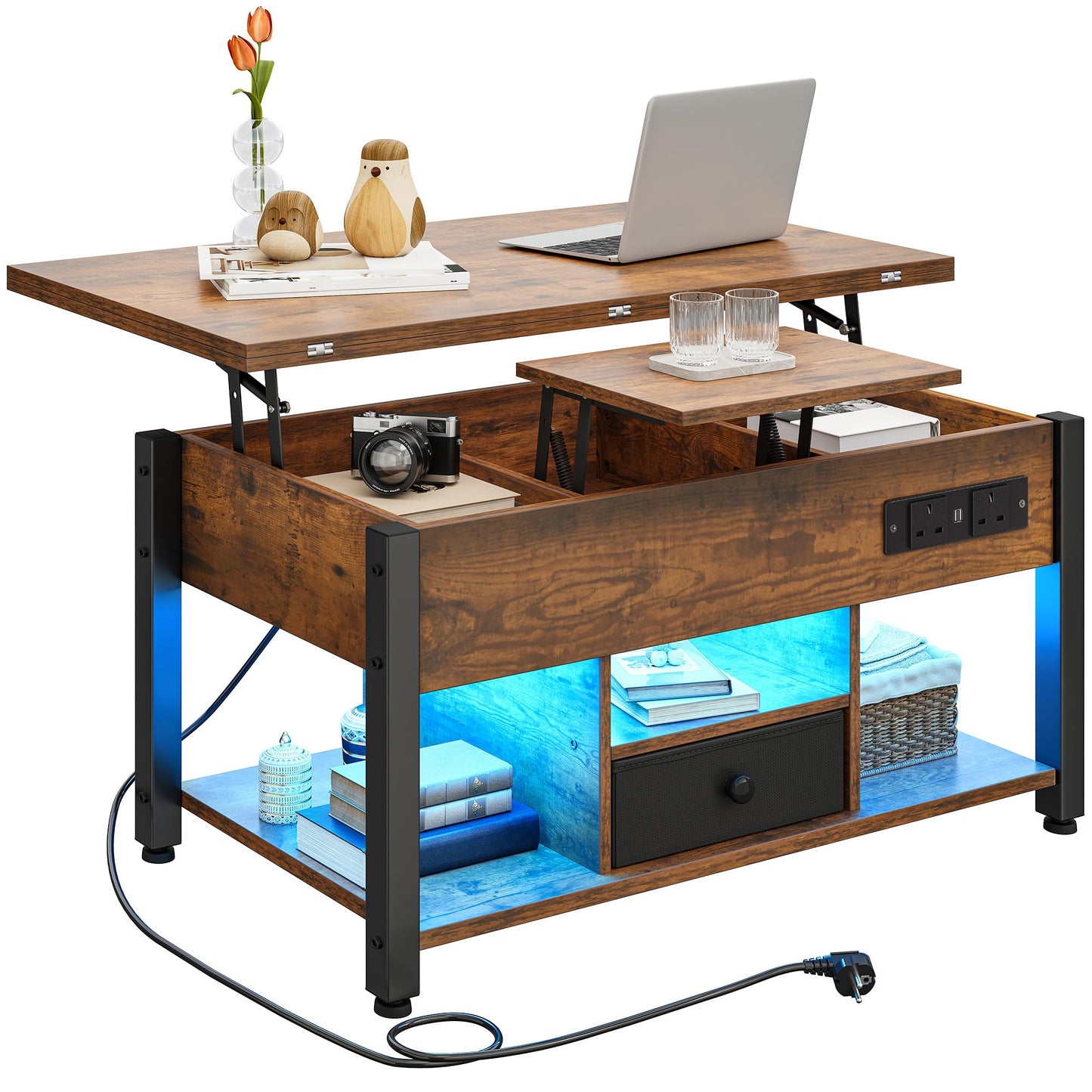 YITAHOME Folding Lift Top Coffee Table with Drawer, 4-in-1 Convertible Table with Storage Space and Type-G Outlets