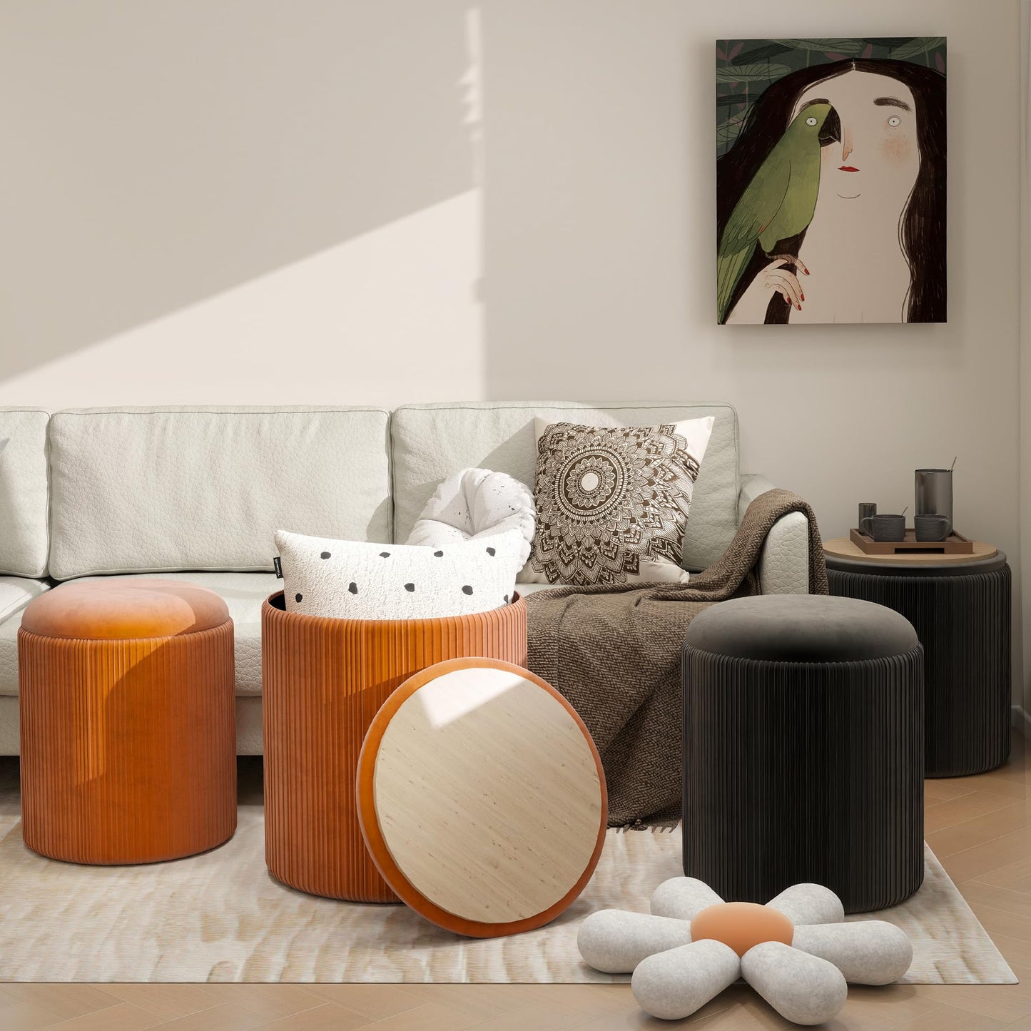 Caroeas Round Storage Ottoman Stools, Velvet Vanity Foot Stools with 300lbs