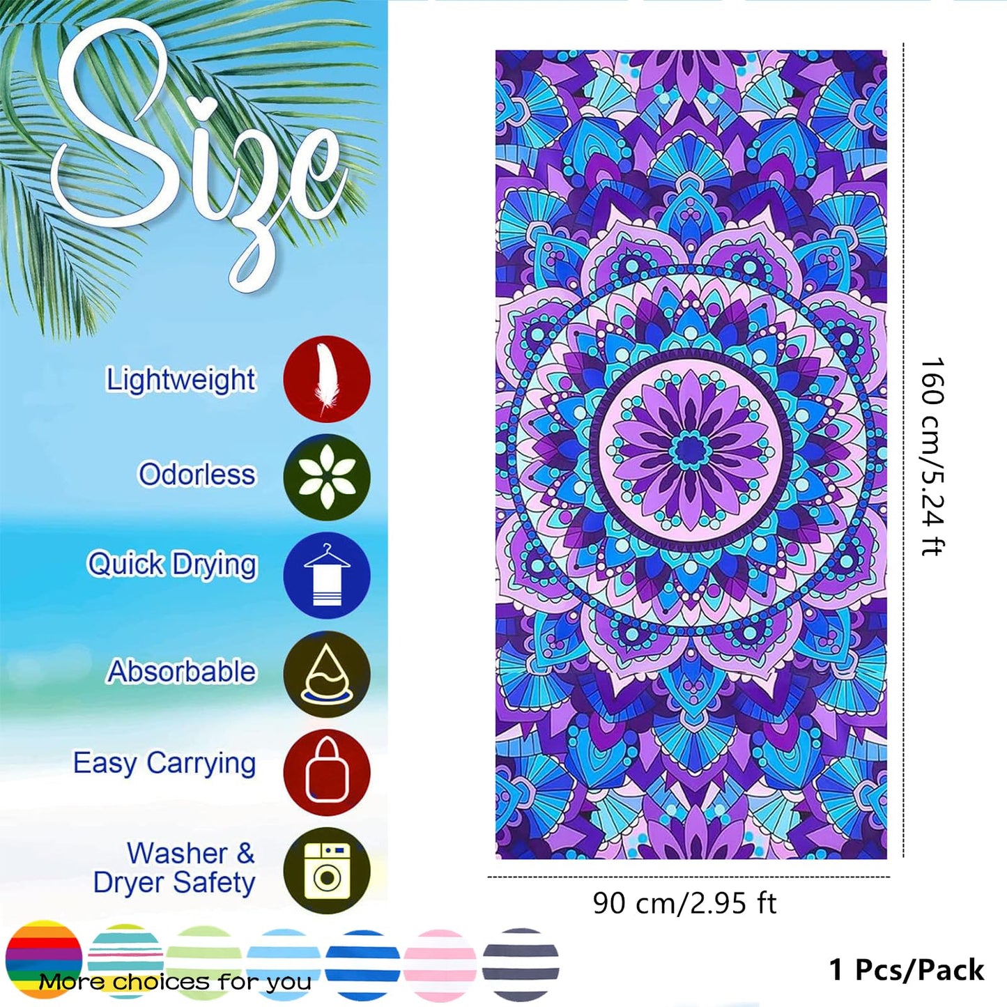Large Microfibre Mandala Flower Sand Free Towel - 160x90cm, Lightweight Quick Dry, Compact and Thin Sports Travel Swim Towel with Bag
