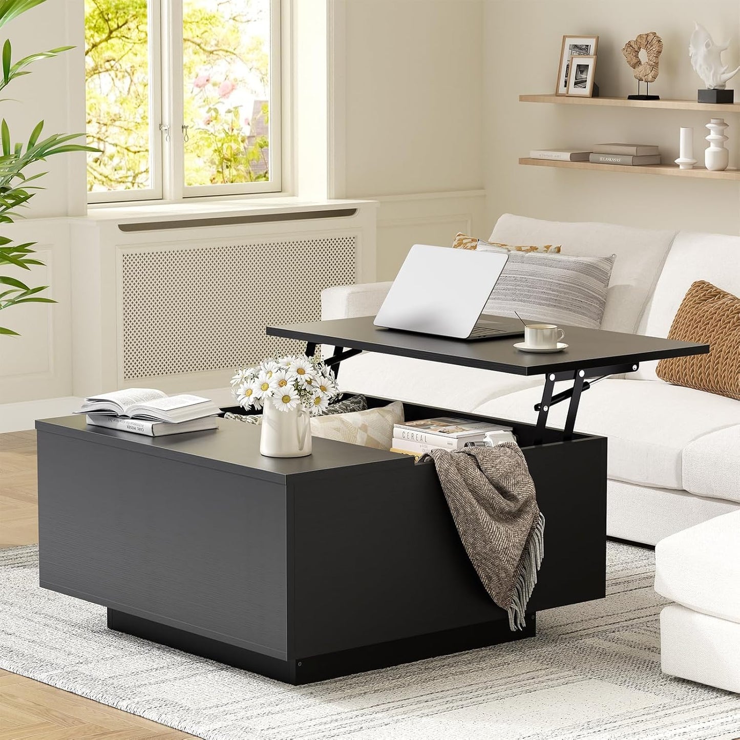 Mossora Black Lift Top Coffee Table with Hidden Storage, 80 * 80 * 40cm