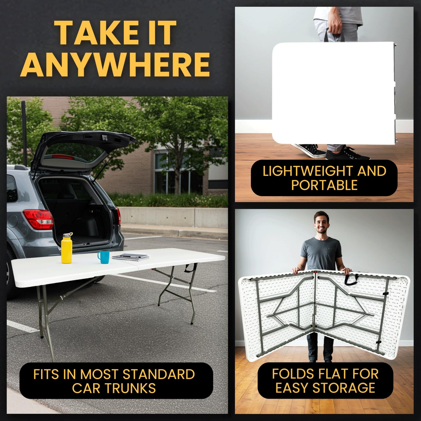 6ft Heavy Duty Folding Table - Fold in Half with Carry Handle - Portable Indoor Outdoor for Garden, BBQ, Car Boot Sale, Camping, Pasting, Party